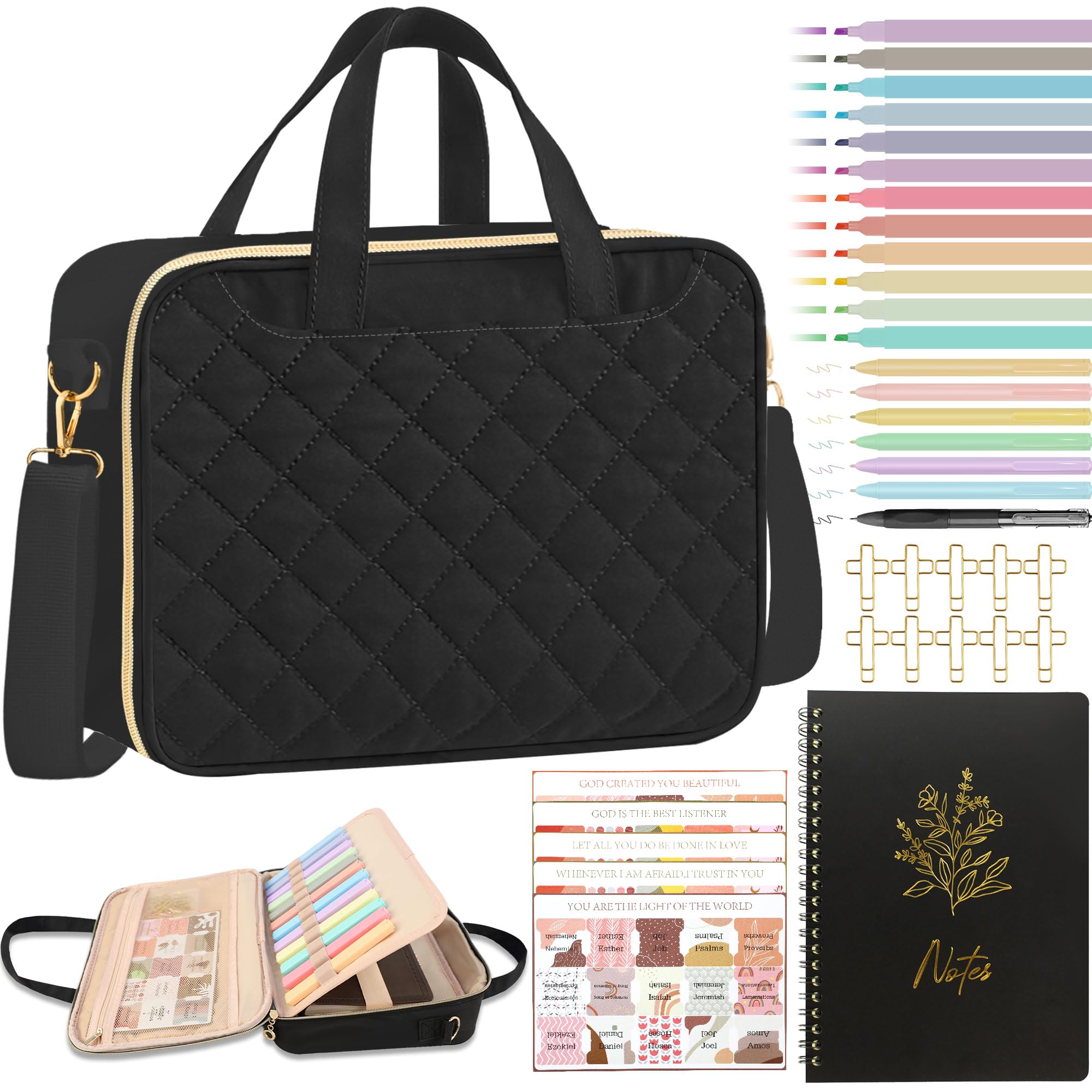 PUGPIU Bible Cover Case for Women, Large Quilted Bible Bag with Shoulder Strap and Handle, Bible Study Supplies Journaling Kit with Highlighters Pens