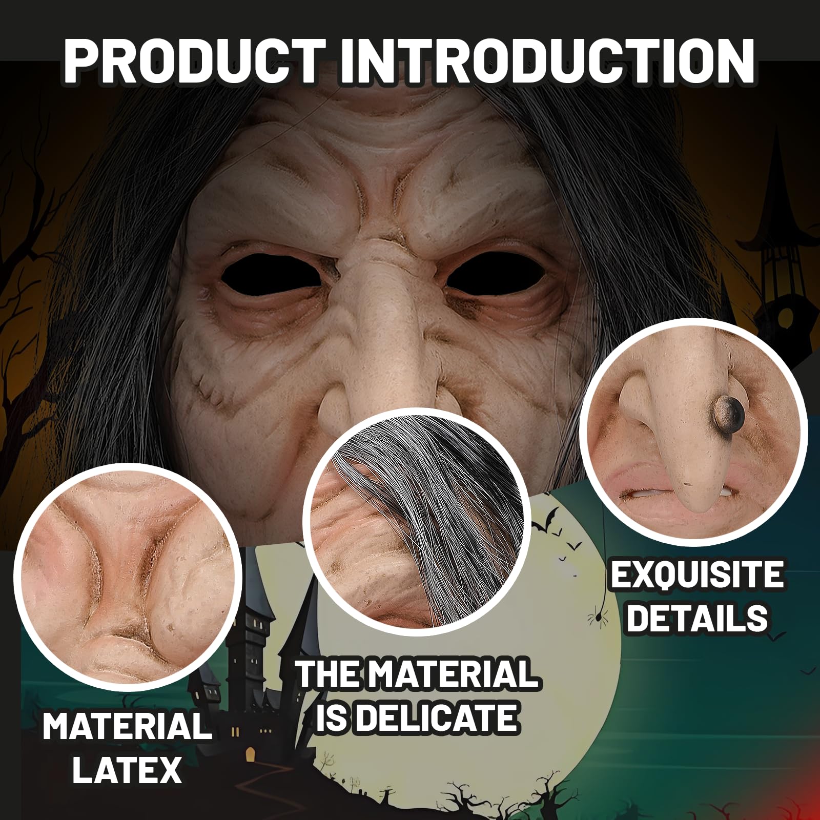 Makoike Old Witch Mask with Hair Realistic Latex Old Woman Witch Masks Carnival Halloween Costume Cosplay Scary Props - Image 3