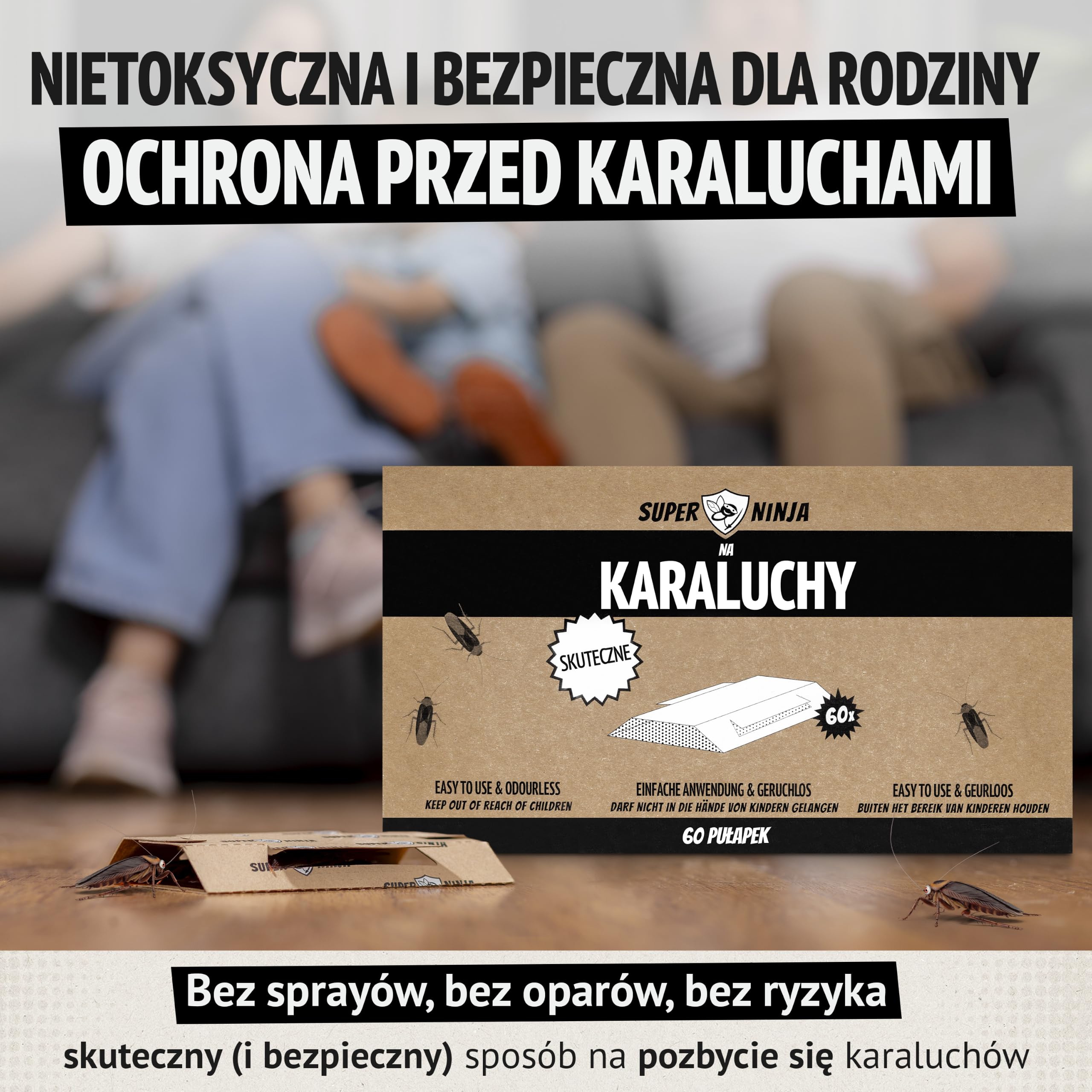 Super Ninja Pułapki lepowe na karaluchy i prusaki do domu – 60 szt., z atraktantem spożywczym, bez toksycznych substancji, do kuchni, łazienki, garażu i piwnicy