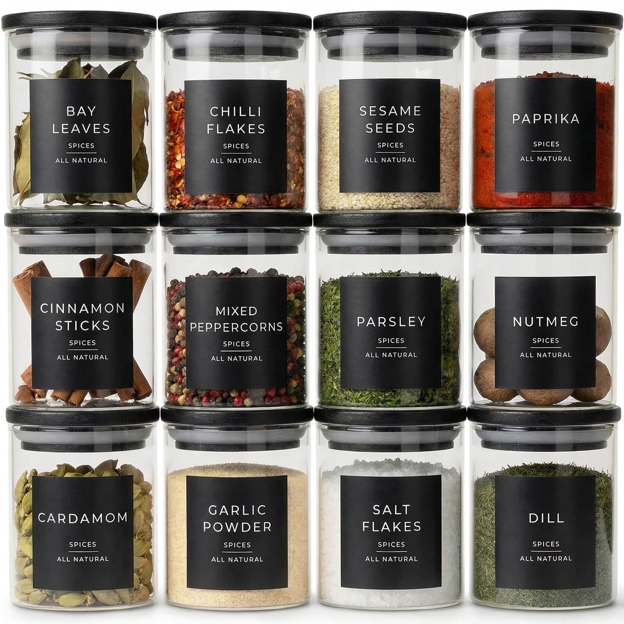 Livabl Glass Spice Jars with Lids and Labels – Bamboo Lid Spice Containers - Airtight Jars with 360 Black UK Designed Waterproof Pre-Printed Labels - Seasoning & Spices Storage (200ml - 12 Packs)