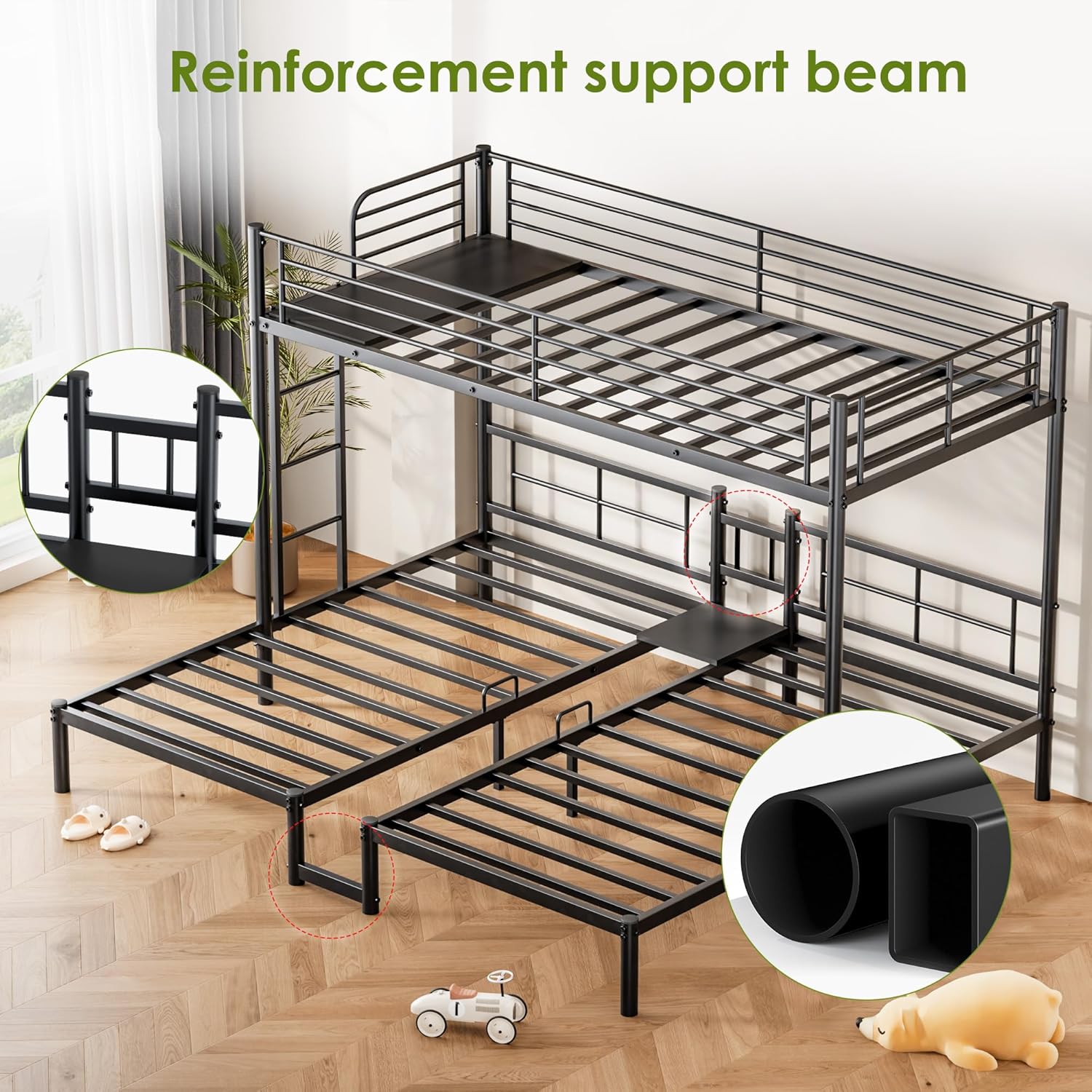 Heavy Duty Triple Bunk Bed, Twin XL Over Twin Over Twin Bunk Beds for 3 Kids, Teens, Adults with Built-in Desk, Safety Guardrail & Ladder, Metal Bunkbed Frame w/Under-bed Storage, No Box Spring Needed