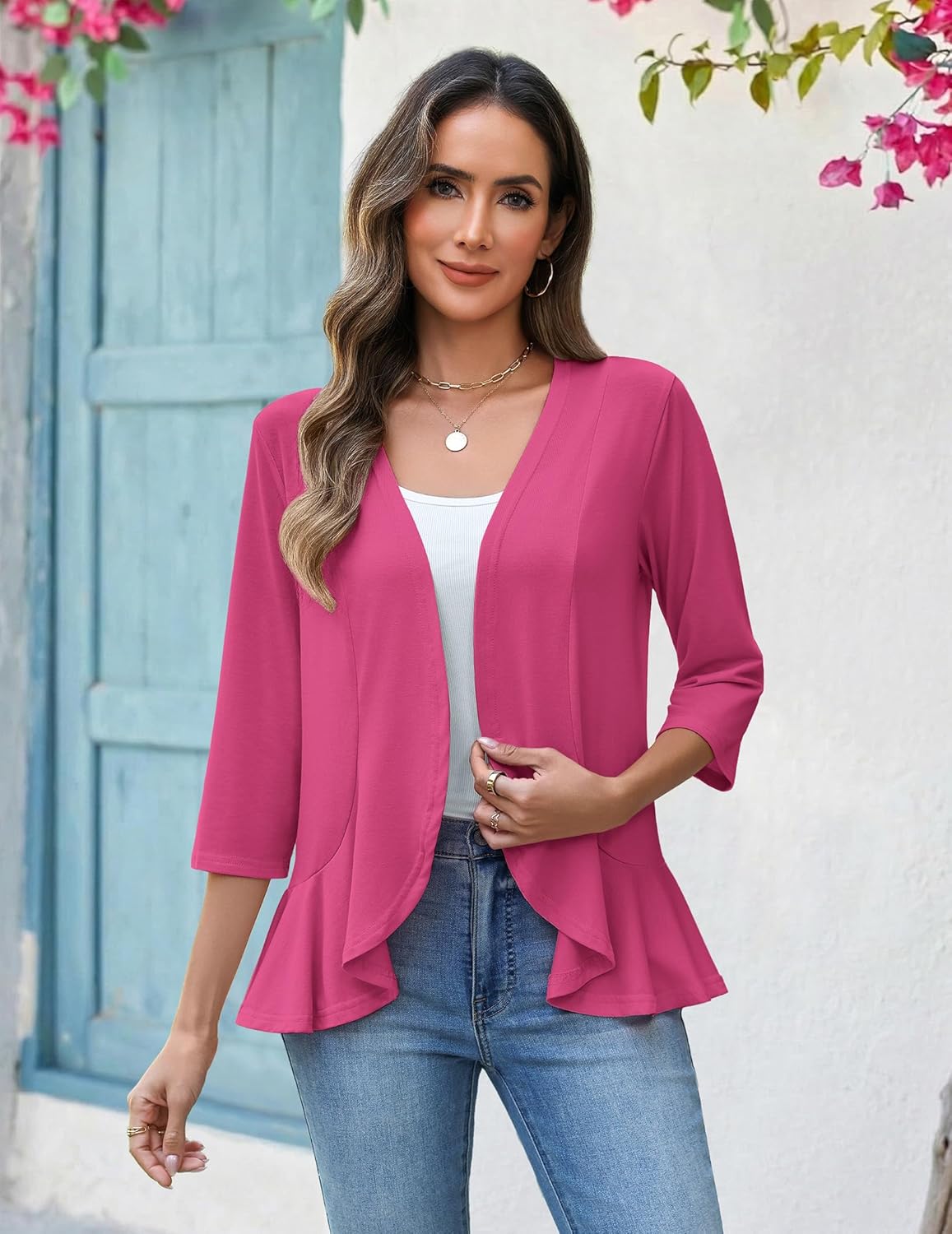 Zeagoo Women's 2026 Summer 3/4 Sleeve Lightweight Cardigans Sweaters Open Front Draped Ruffles Kimono Coverups - Image 2