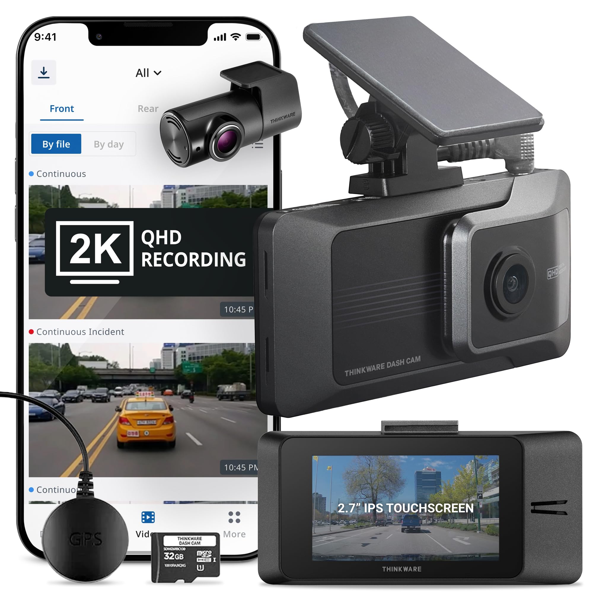 THINKWARE ARC Dash Cam with Smart Driving Alert System, 3X Energy Saving, 1440P+1440P Front and Rear, Wi-Fi, Super Night Vision, 24/7 Parking Mode (Free 32GB Card, Hardwiring, 12V Cable, GPS)