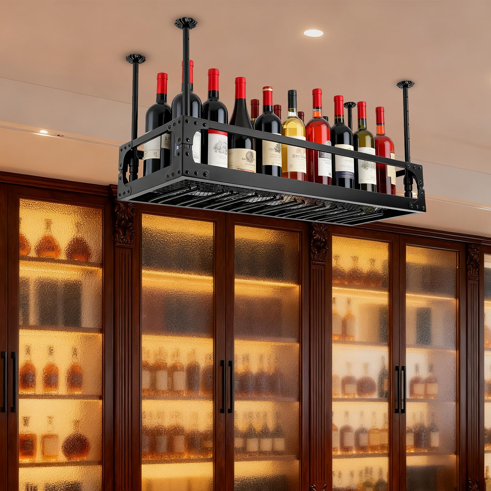 Étagère de vin 100 cm Montée au plafond Noir Suspendue Réglable en hauteur Étagère de cuisine Suspendue Convient pour cuisines, salles à manger