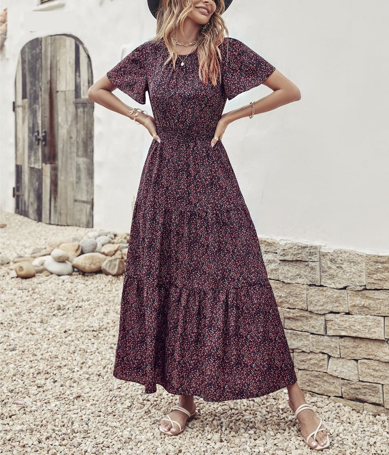 knee length dresses for ladies Red Floral Maxi Dress Short Sleeve Crew Neck Bodycon Mesh