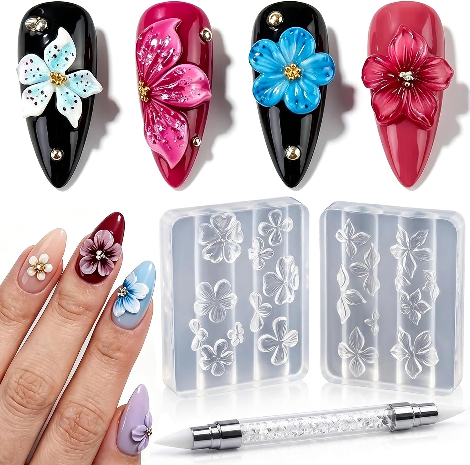 2Pcs 3D Flowers Nail Mold Silicone Nail Tools, Summer Hibiscus Floral Petal Nail Charm Resin Molds with Carving Pen, Nail Art Carving Template for Manicure Decorations Accessories DIY Nail Supplies