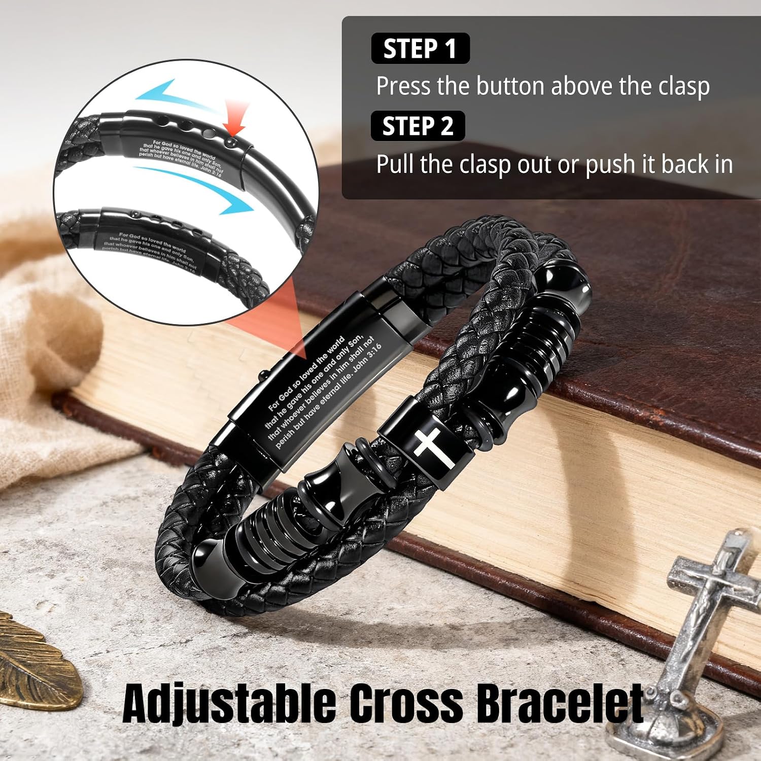 Bible Verse Christian Bracelet for Men, Adjustable Braided Black Leather Cross Jewelry, Inspirational Religious Faith Gifts for Men, Dad, Son, Husband