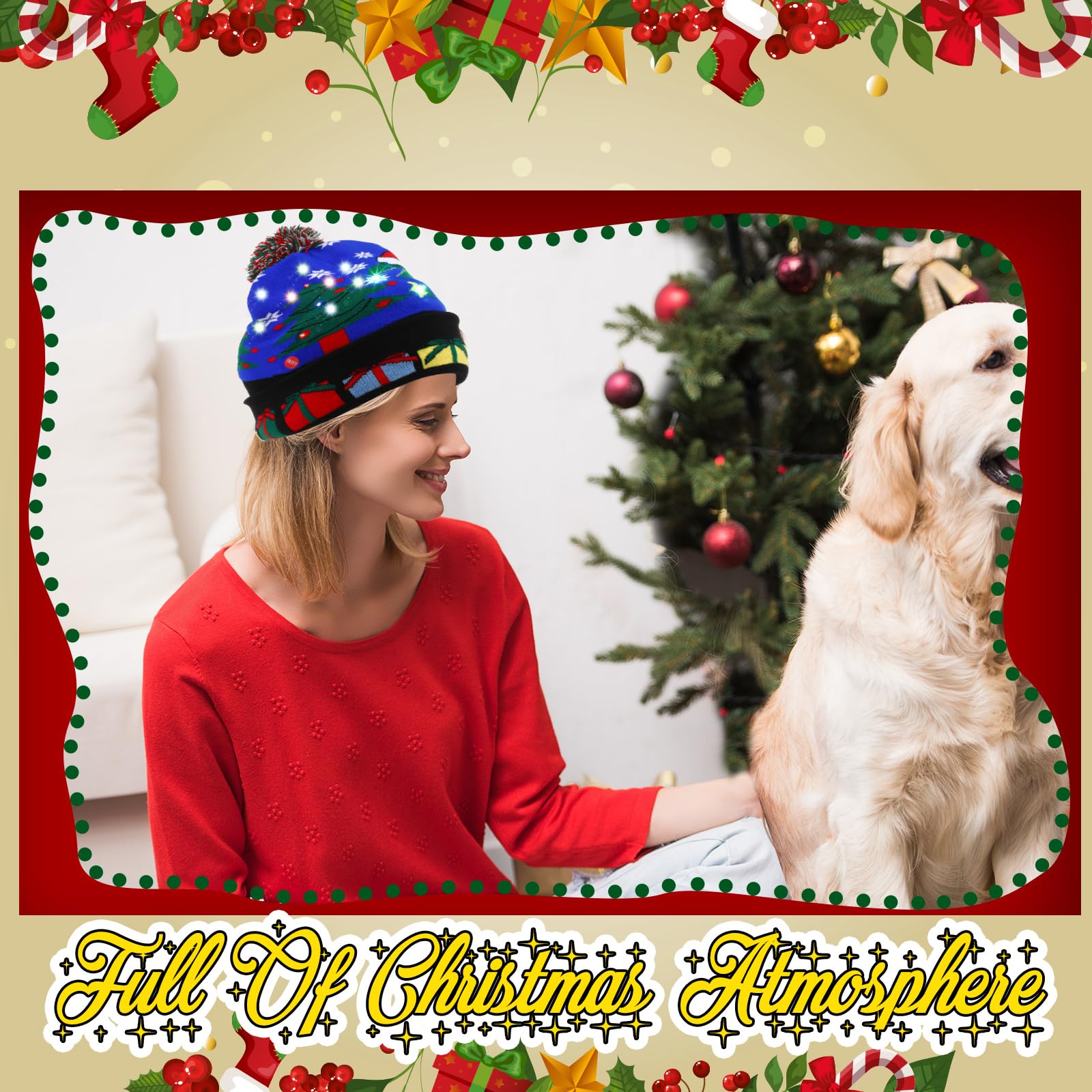 Vicenpal Weihnachtsmütze für Erwachsene, LED, bunt, blinkend, Strickmütze, hässlicher Pullover, Weihnachtsmann, Urlaub, Partyzubehör