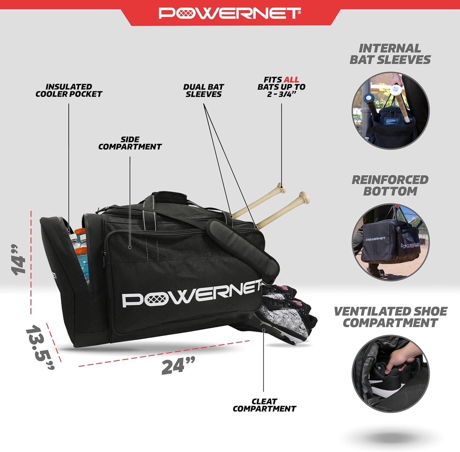 PowerNet Pro Duffle Bag, Softball Baseball Bag, Baseball Gear Bag, Baseball Bat Bag with Internal Bat Sleeves, Baseball Bags with Padded Strap & Pockets - Image 3