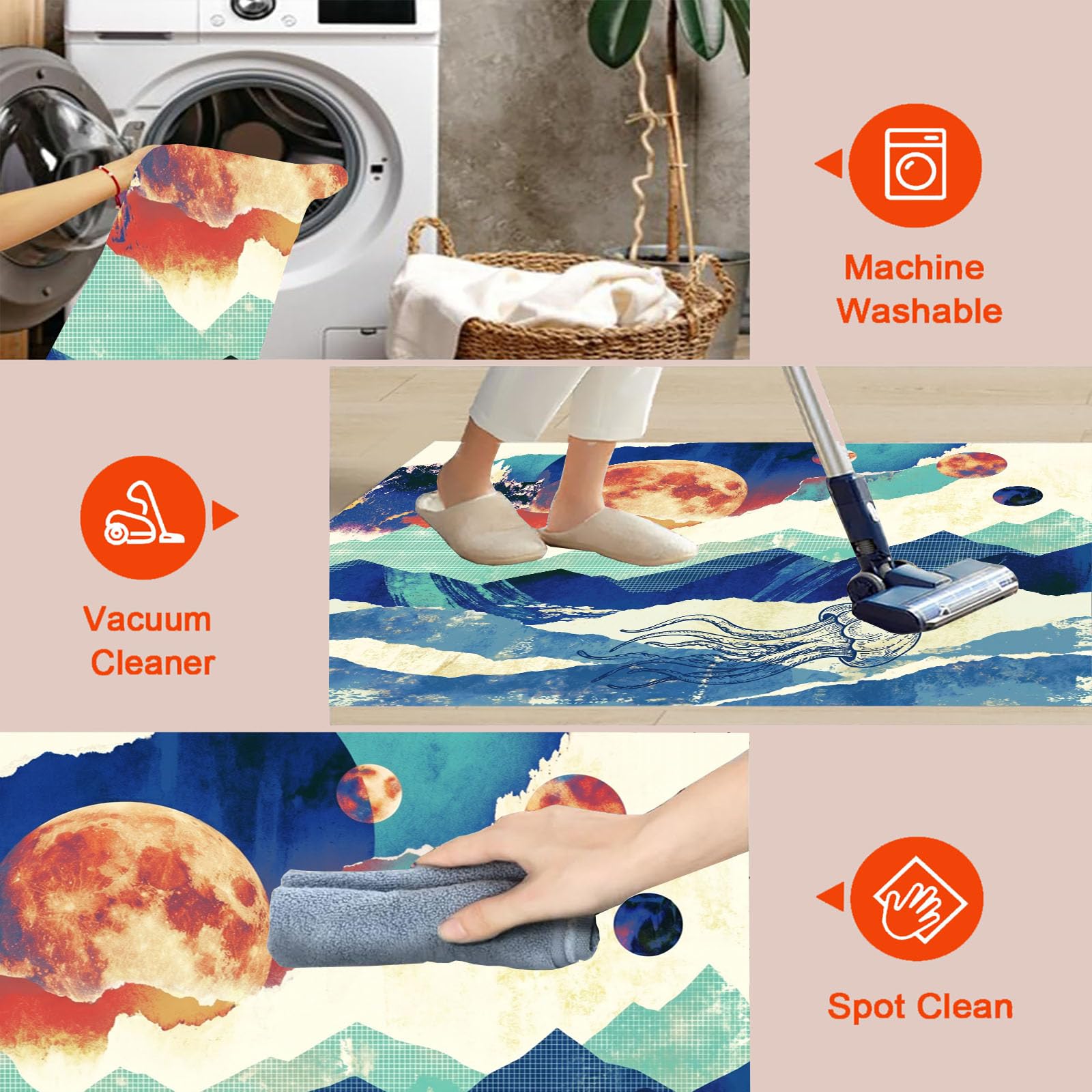 Tapis Rond Pleine Lune Sommets Montagneux Méduses Salon Chambre 100cm | Poils Courts, Art De Collage Rétro, Super Doux, Lavable Et Antidérapant Tapis Rond Pour Chambre D’enfant, Salle à Manger, Bleu