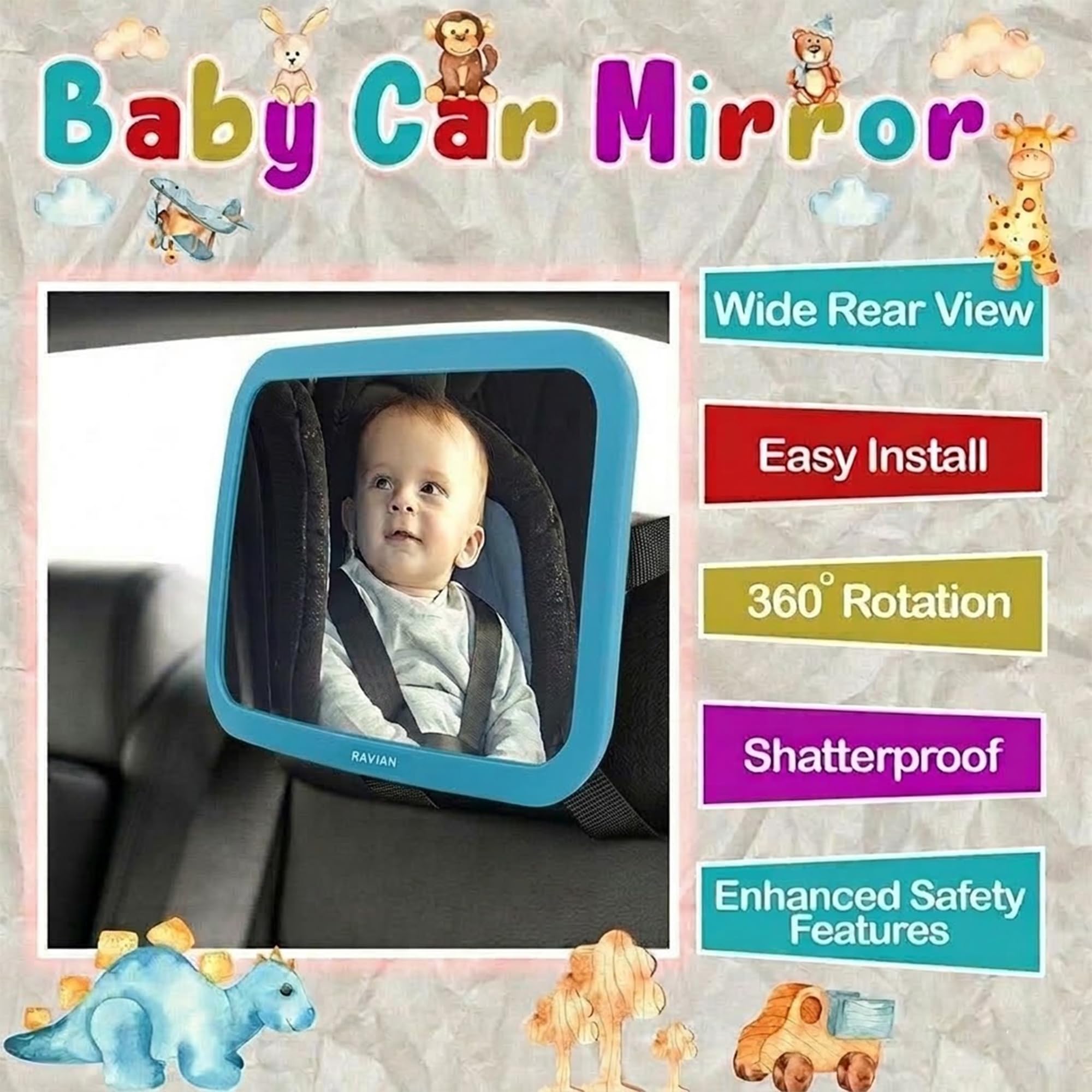 Espejo para Bebé para Asiento Trasero del Coche, Esenciales Más Seguros para Recién Nacidos con Vista Trasera, Irrompible, Ajustable para Ver Asientos Orientados hacia Atrás para Bebés - 5