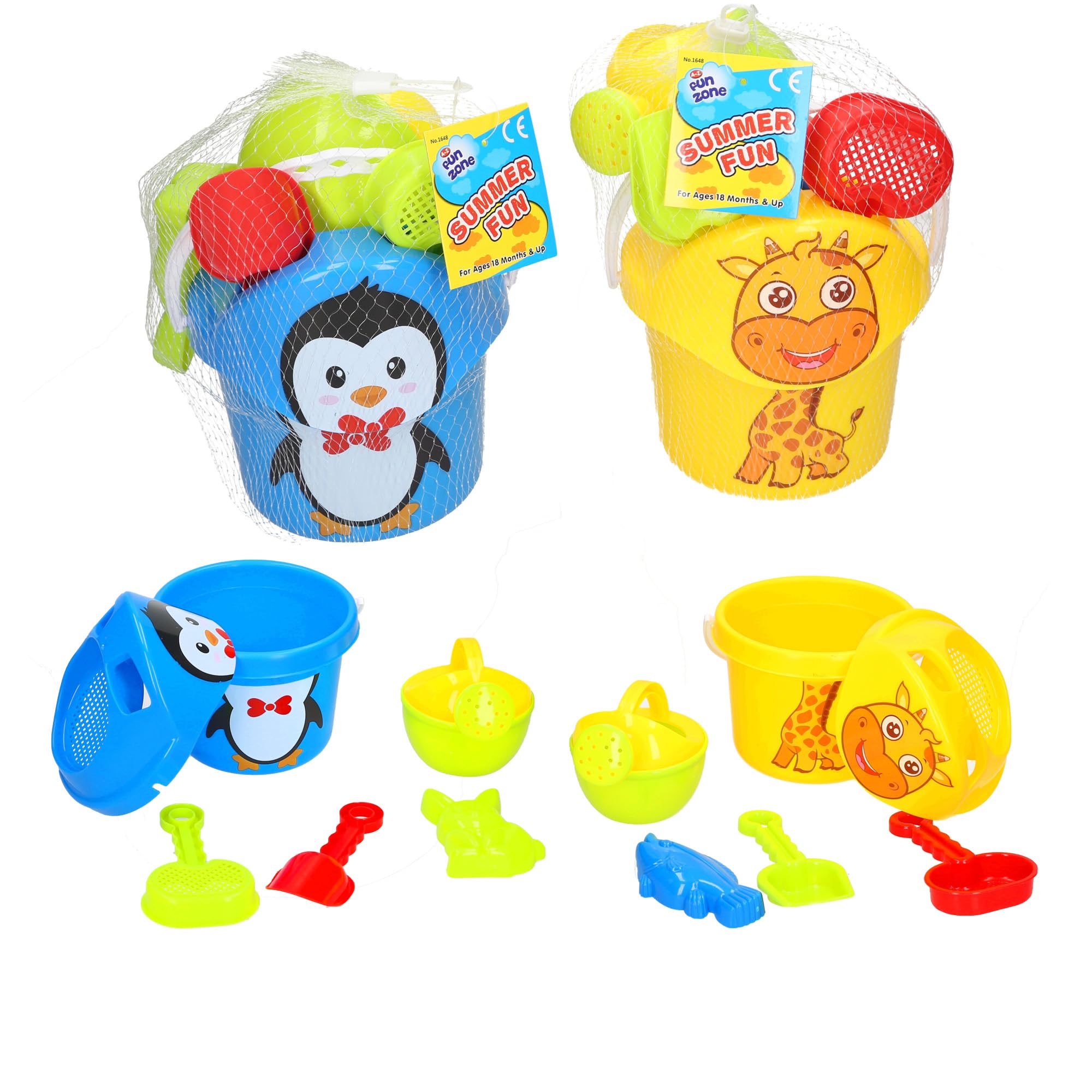 Fun Zone Kids Beach Sand Toy Set, Penguin and Giraffe Bucket Sets with Beach Tools, Summer Fun for Ages 18+ Months