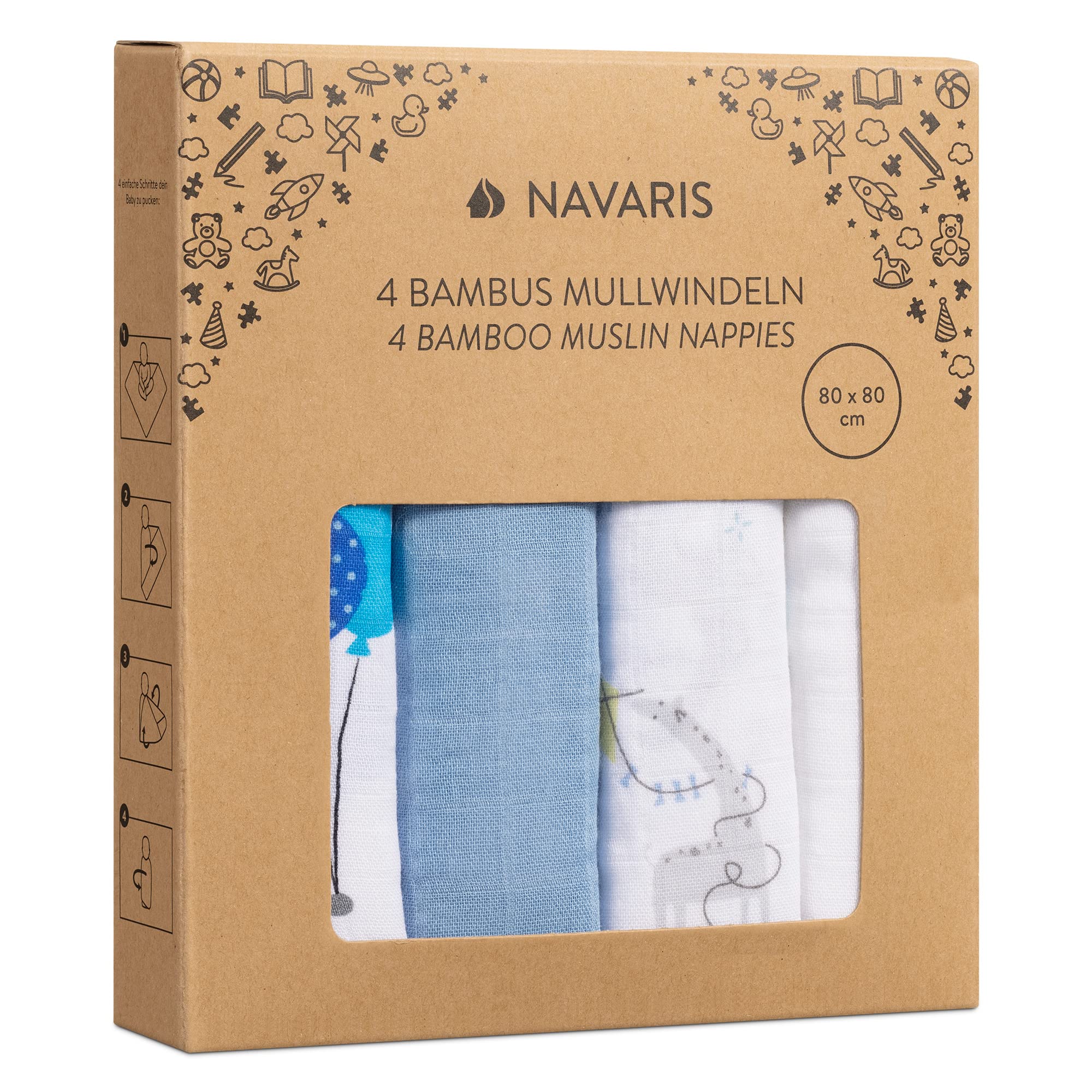 Navaris Set 4x Mussole per Neonato Misto Cotone e Viscosa Copertina 80x80cm Fascia per Allattamento Bianco Blu