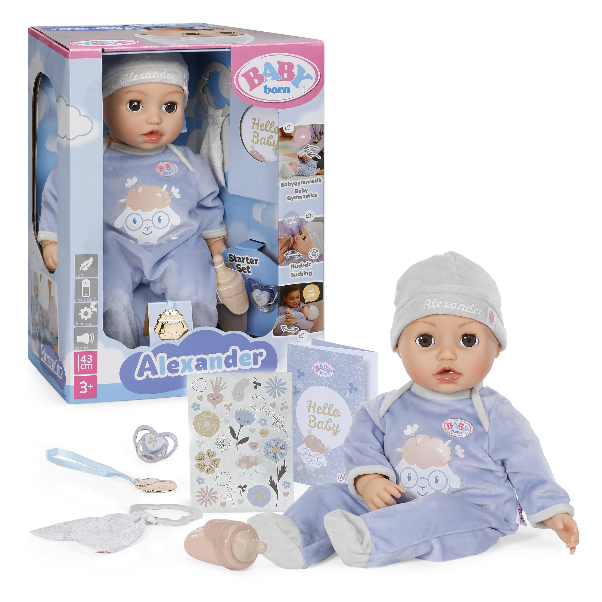 BABY Born Alexander 43cm, weiche 43cm große Puppe mit 7 elektronischen Funktionen und Sound für Kinder ab 3 Jahren, inkl. Zubehör