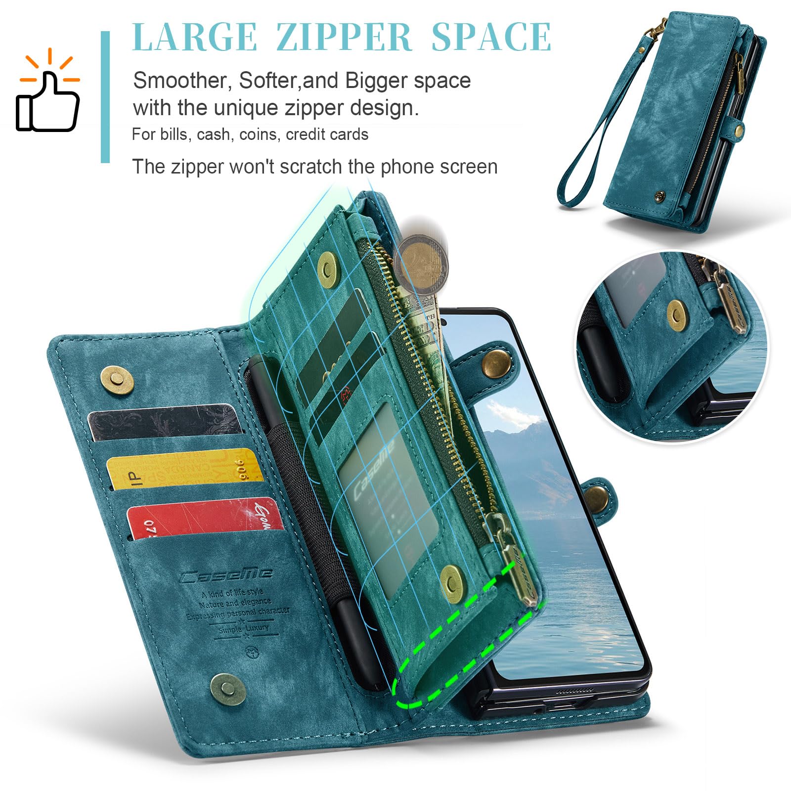 UFinetech Z Fold 6 Case, Shockproof Card Holder Flip Zipper Slots Wallet Cover for Galaxy Z Fold6 Case, Built-in S-Pen Holder - Image 3