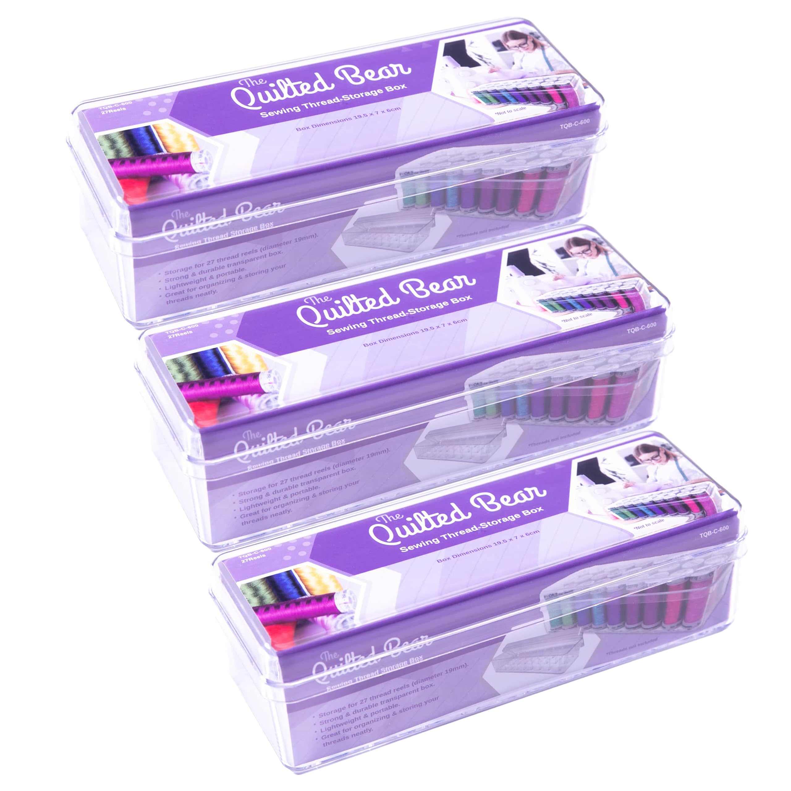 The Quilted Bear 27 Spool Thread Box - Premium Strong & Durable Acrylic Embroidery Thread Organiser/Sewing Storage Box for Maximum 5.5cm Spool 19.5 x 7 x 6cm x 3 Pack
