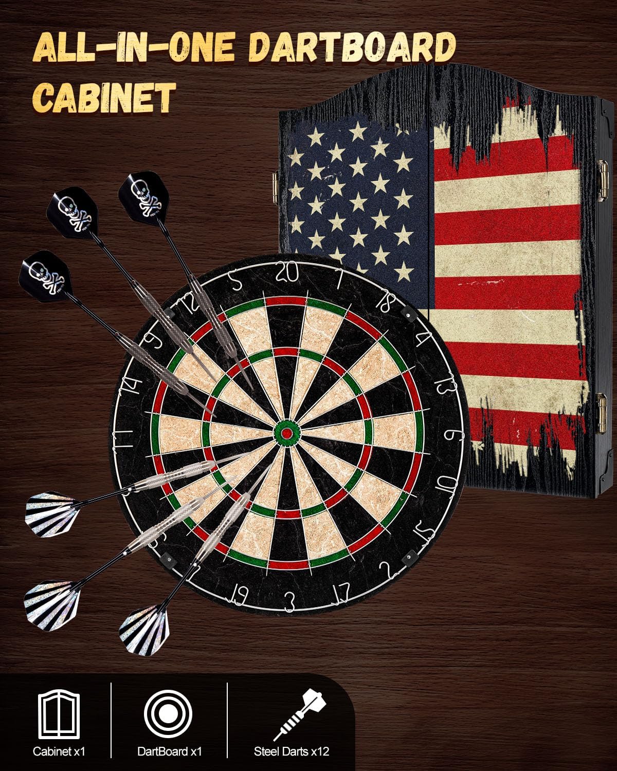 Sisal Dart Board Cabinet Sets, Dartboard with Scoreboard for Adults | Premium Sisal Bristle, Comes with 6 Steel-tip Darts