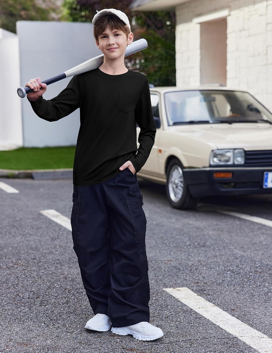 Arshiner Boys Long Sleeve Shirts Casual Crewneck T Shirt Solid Tees Tops with Chest Pocket for Kids 5-12 Years - Image 6