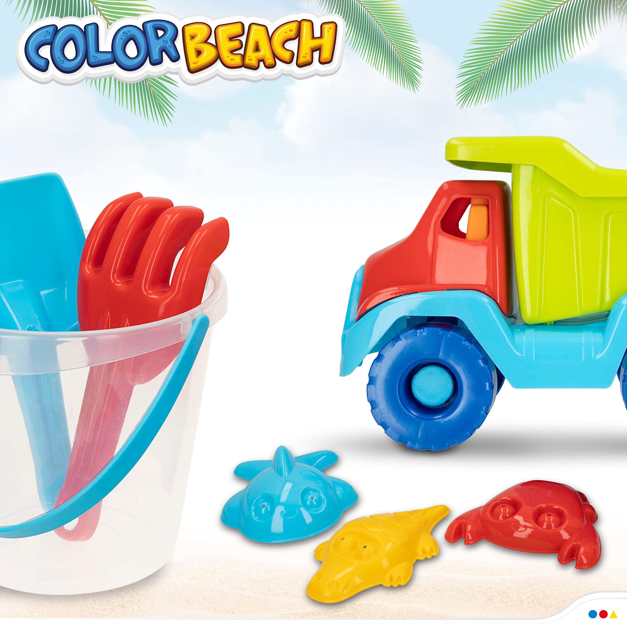 ColorBaby - Juguetes de Playa para niños, Bolsa Juguetes Playa, Cubo Arena, diámetro 18 cm, cedazo, Pala, rastrillo, regadera, camión, moldes Arena, 18mese (49273)