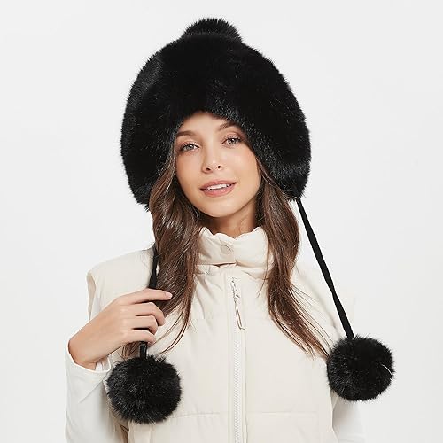 Miniatura 2 de Sombreros de invierno, lindo sombrero de piel rusa de ganchillo, gorros holgados con pompón, gorro de nieve cálido y mullido, sombrero de trampero