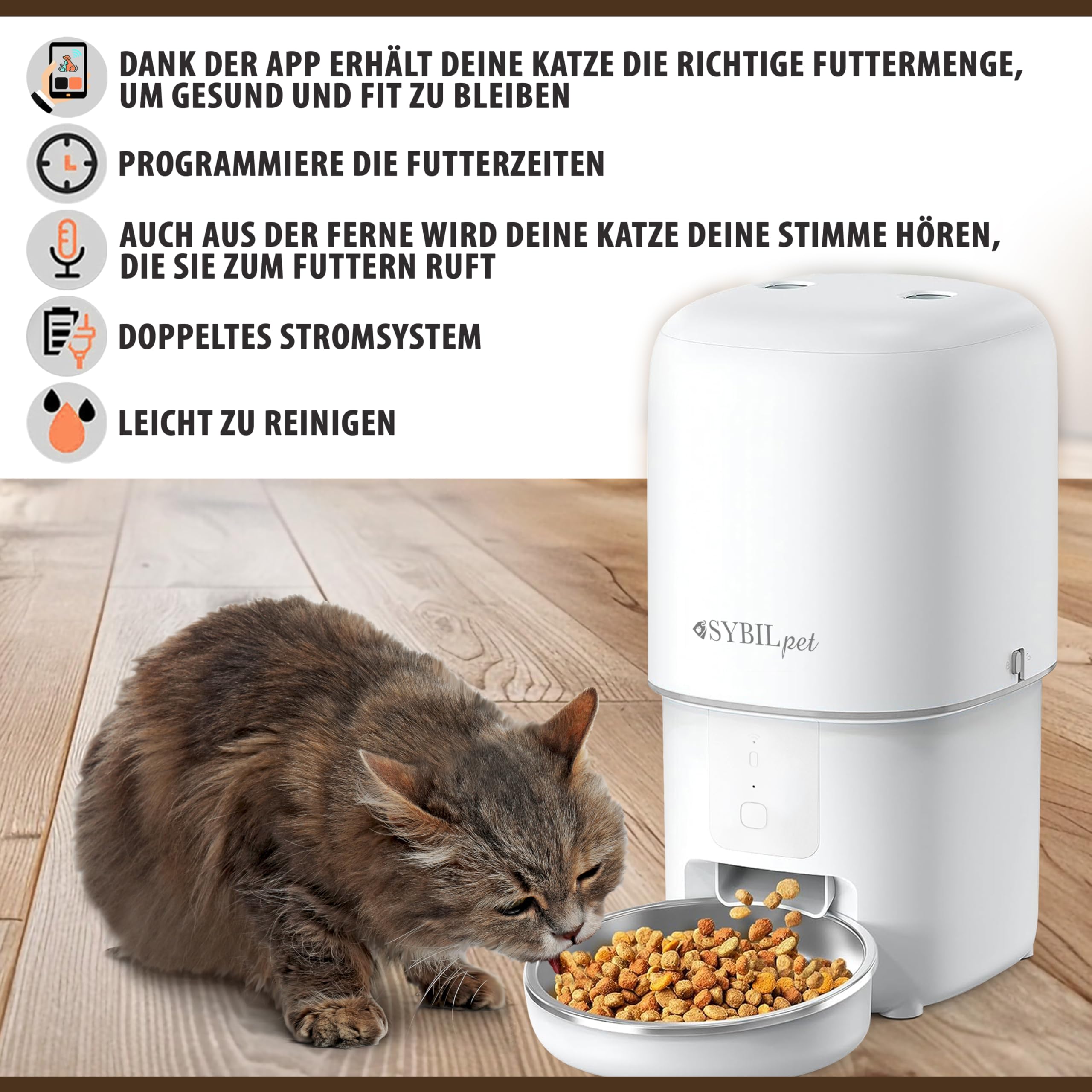 Futterautomat Katze 4L – Automatischer Katzen Futterspender mit App-Steuerung, Sprachnachricht, leiser Betrieb, Anti-Blockier-System, programmierbare Mahlzeiten, präzise Portionskontrolle