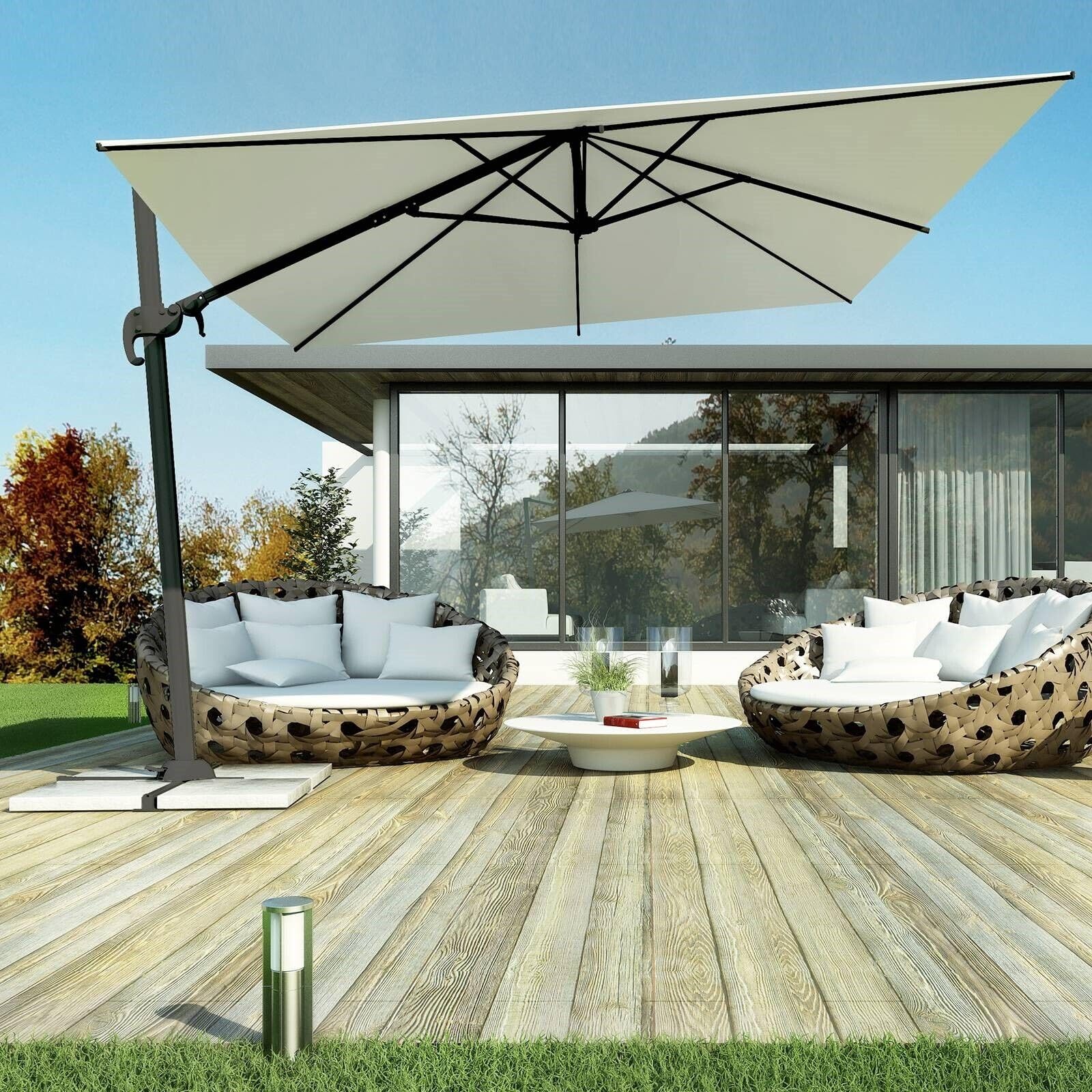 Megashopitalia Ombrellone da Giardino 3X3 MT Ecrù Base Decentrata Alluminio Telo Poliestere 250gr Impermeabile e Rotazione 360 gradi Piscina Giardino Terrazzo Bar Ristorante