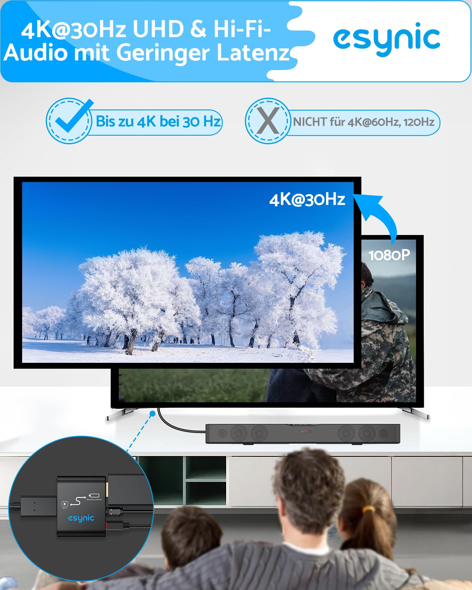 eSynic HDMI zu HDMI Audio Extractor 4K Optisch Splitter Adapter mit Optischer Audioausgang für Fire TV Stick Spezieller Fernsehkonverter 5.1 DTS Soundbar Konverter Ohne ARC/eARC Plug & Play