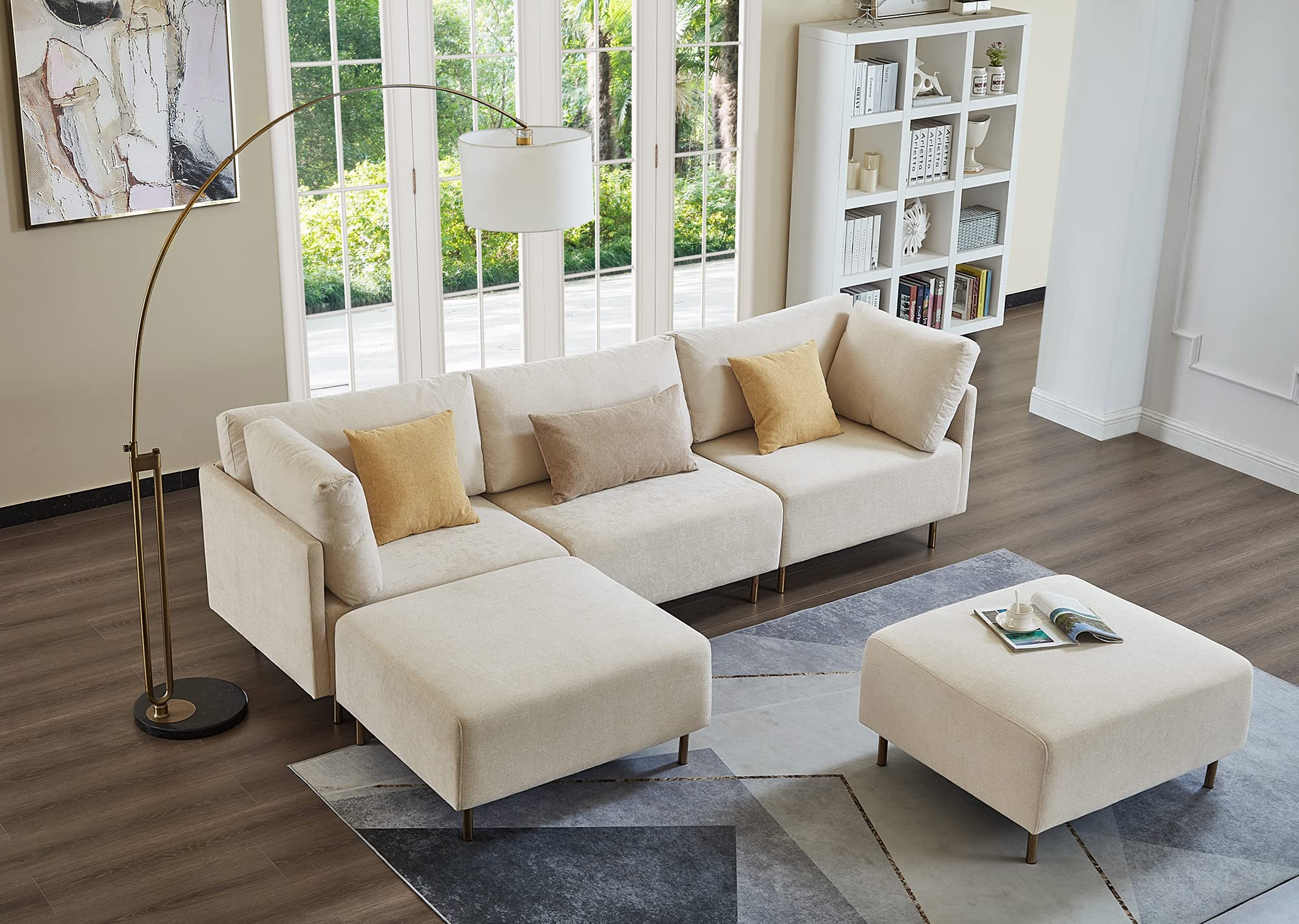 Familymill 108 inch Fabric L-Shaped Modular Sectional Sofa with Removable Ottoman and 3 Pillows