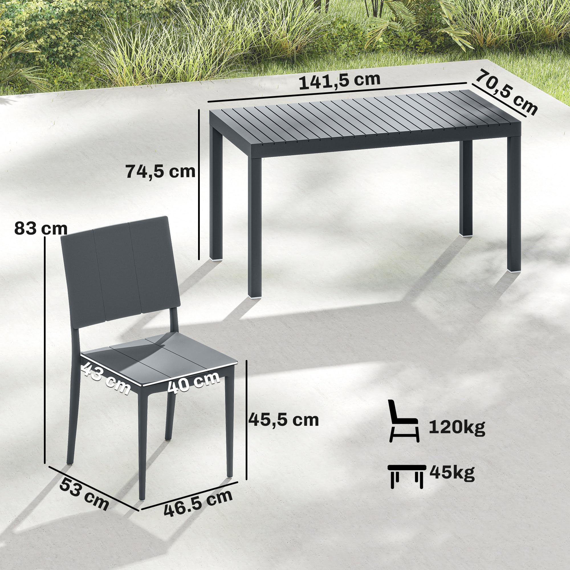 Outsunny Gartenmöbel Set Sitzgruppe 5-teilig Breiter Tisch mit 4 Stapelstühlen Lamelldesign, wetterfest Essgruppe für 4 Personen Gartenset Gartengarnitur für Garten Balkon Terrasse Dunkelgrau