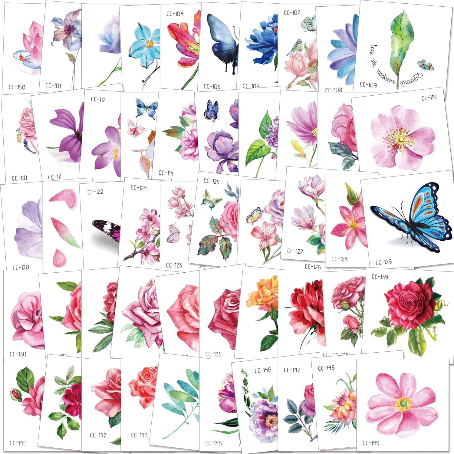 50Sheet Flower Temporary Tattoos for Women Teens Girls Tiny Adult Waterproof Body Art Sticker Hand Neck Wrist include Flower Butterfly Leaf Lotus Cherry Blossoms Tattoo (Butterfly Flower)