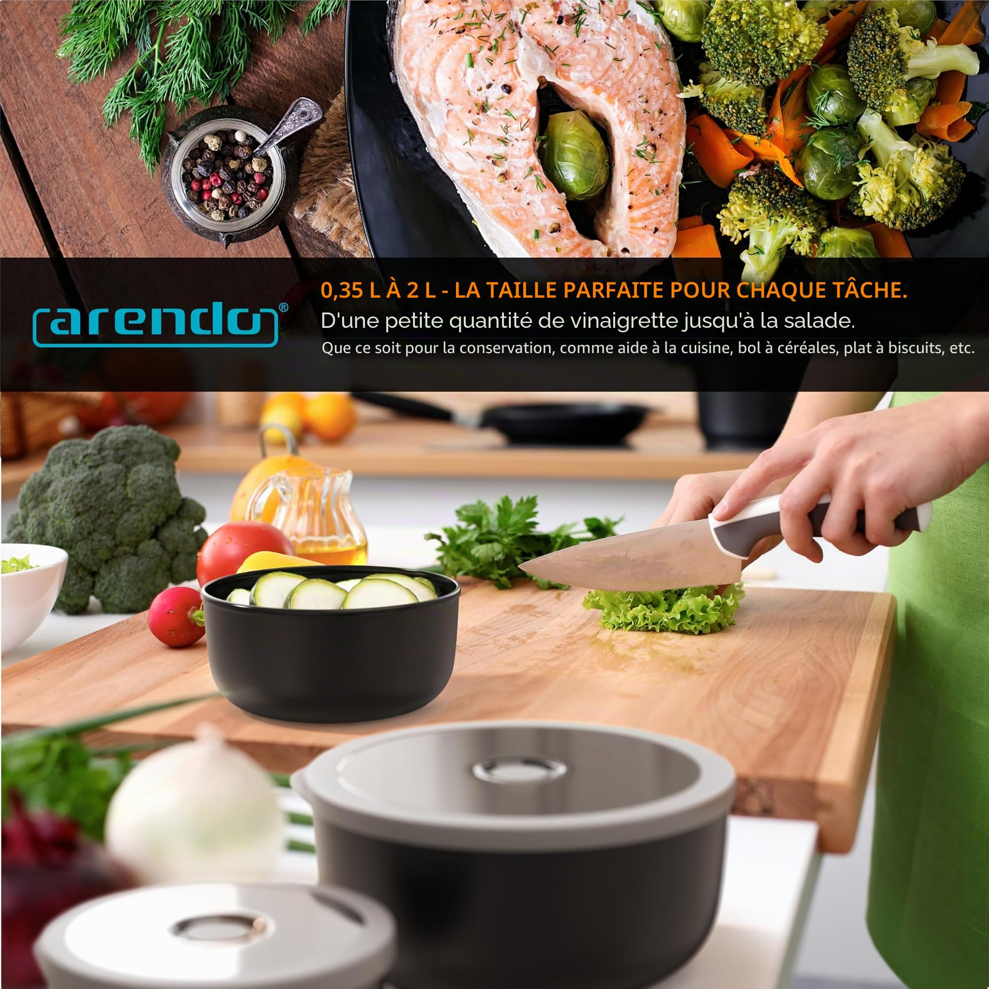Arendo - Lot de 4 boîtes de conservation avec couvercle - Saladier - Bol mélangeur - Set de bols en différentes tailles - Convient pour un usage alimentaire - Passe au lave-vaisselle et au micro-ondes