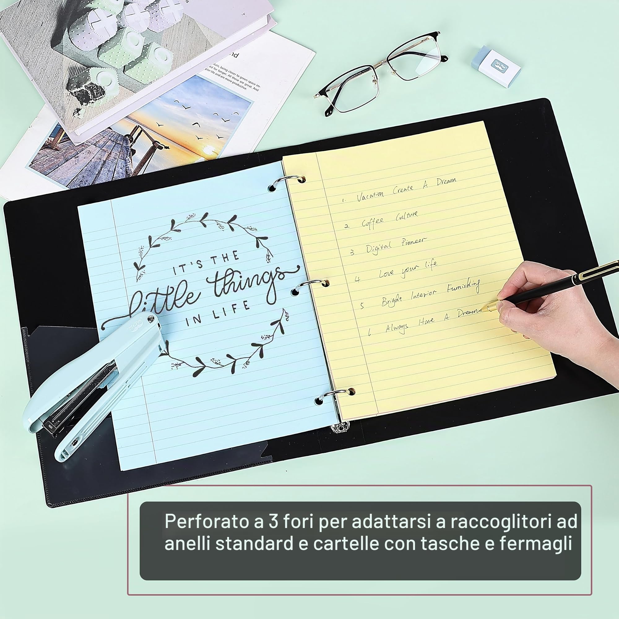 Mr. Pen Carta sciolta colorata a righe larghe 100 fogli 20,3 x 26,7 cm 3 fori perforati per taccuino