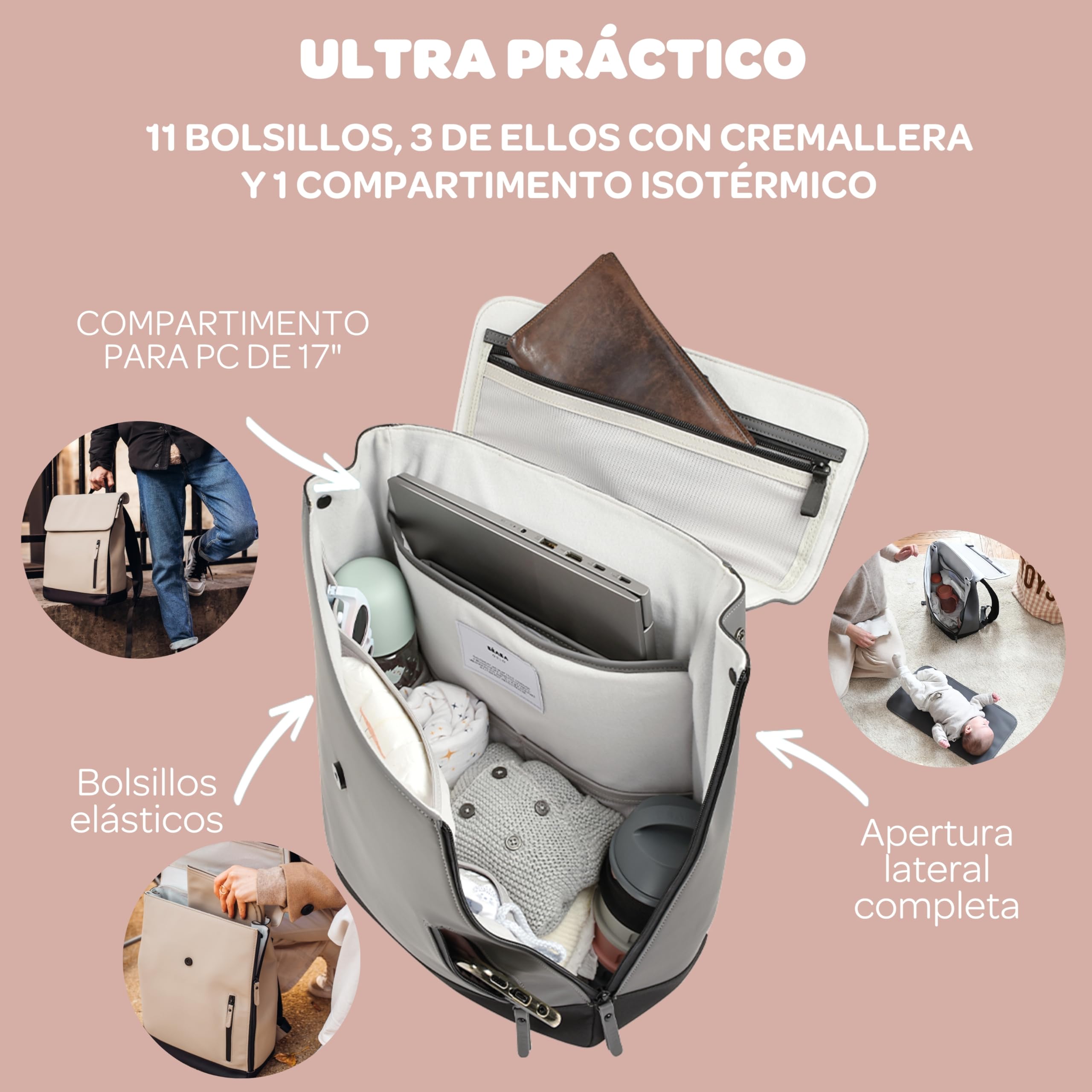 Béaba Bolso cambiador para bebé, Mochila, Impermeable, 11 bolsillos, Cambiador para bebé, Goma reciclada, Transpirable, Asas y espalda acolchadas, Bolsillo isotérmico, PC17 pulgadas, 19L, Oslo Bag