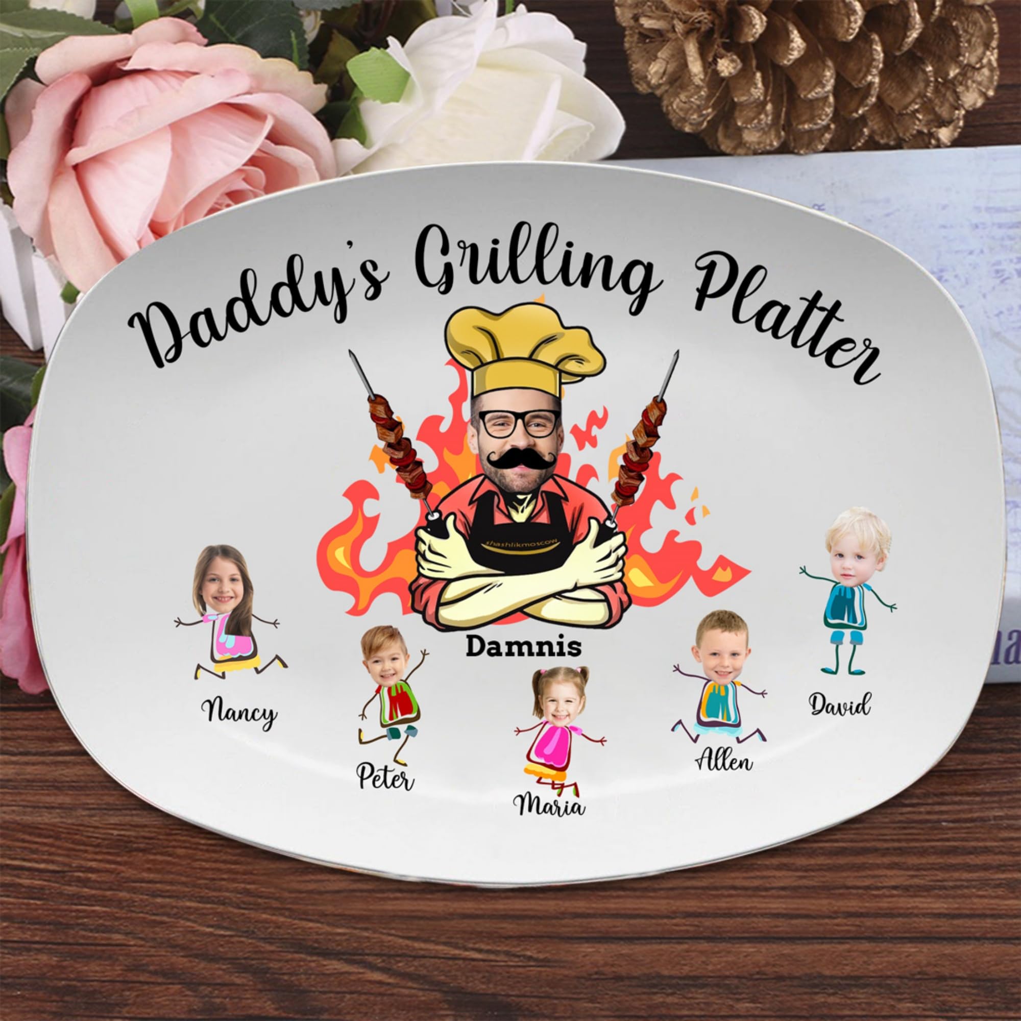 Plaque à griller personnalisée drôle avec visage de papa, photo et nom, cadeau fête des pères Noël anniversaire