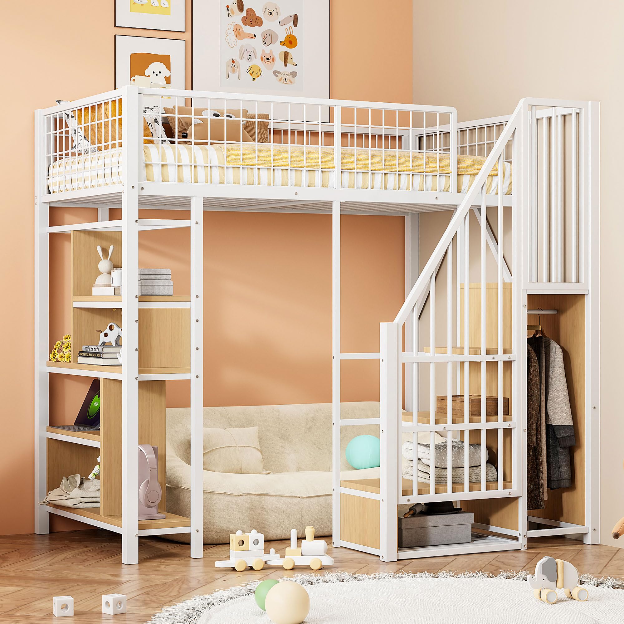 Letto a soppalco con ripiani e scale, letto singolo con vano portaoggetti, letto per adulti per camera da letto, camera degli ospiti, letto in metallo, senza materasso, bianco, 90 x 200 cm