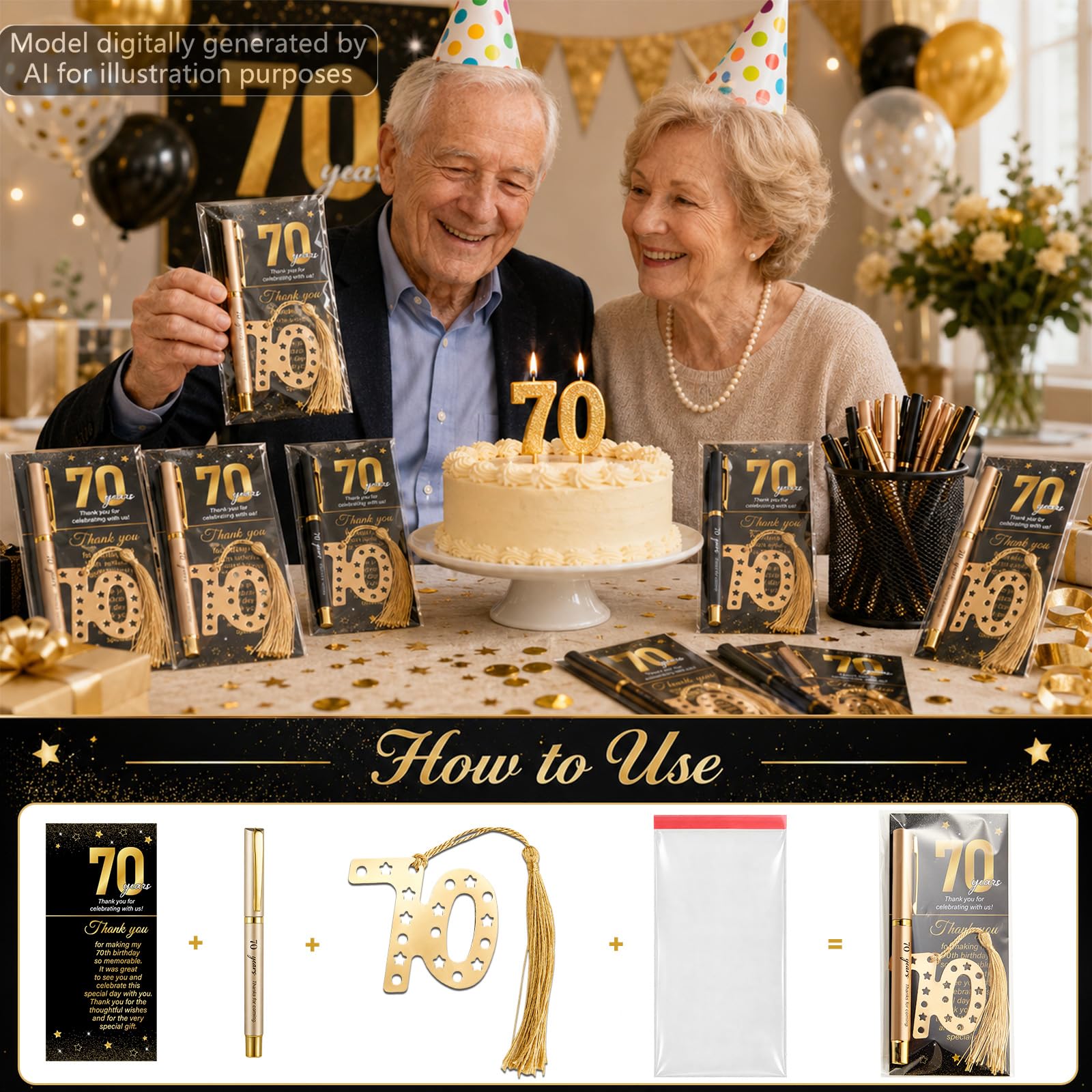 Lesezeichen und Dankeskarten, zum 70. Geburtstag, 50 Sets