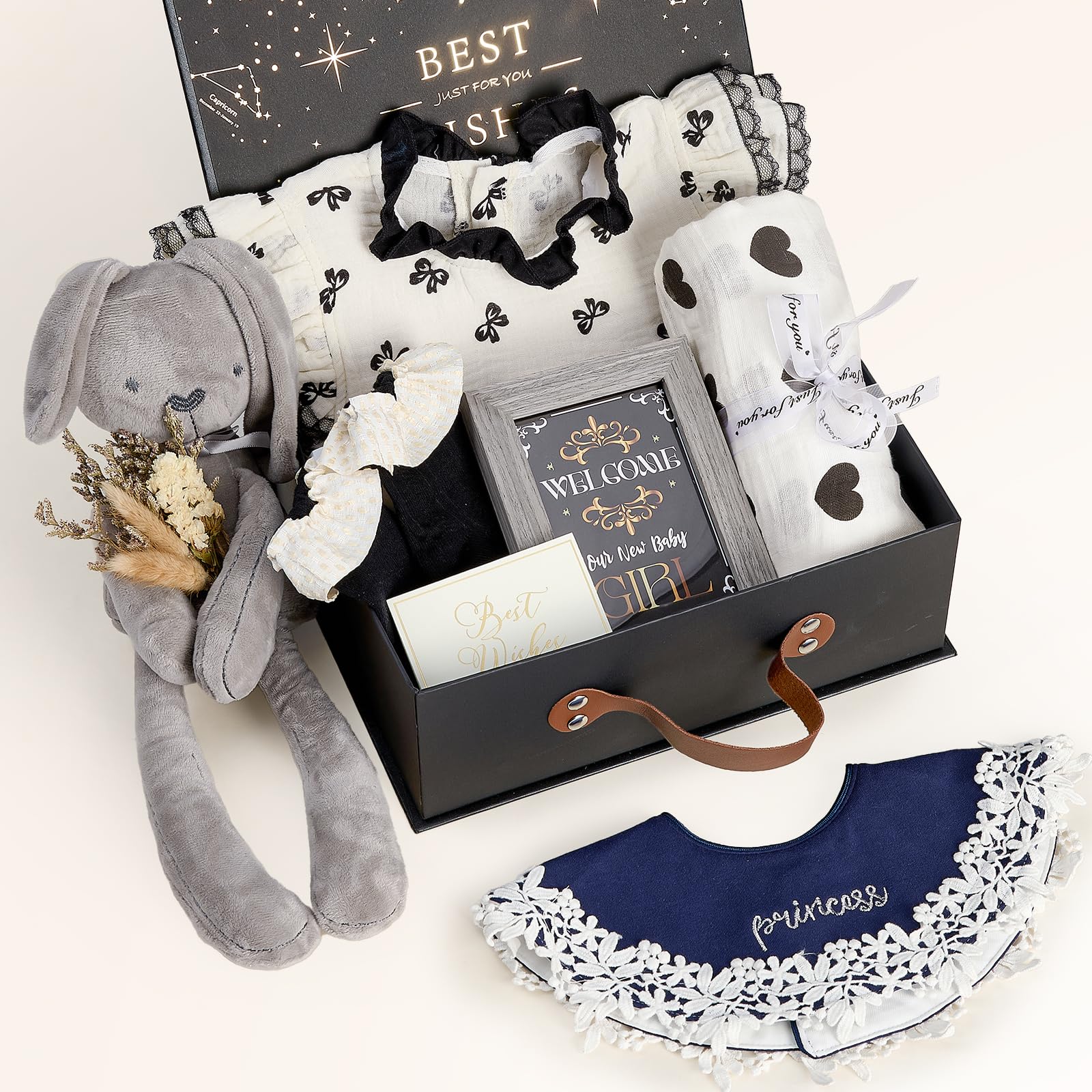 vamei Regalo Bebe Recien Nacido Niña con Body Manta Muselina Peluche Conejo Tarjetas Visual Calcetines Babero y Marco Foto, Idea Regalo Baby Shower