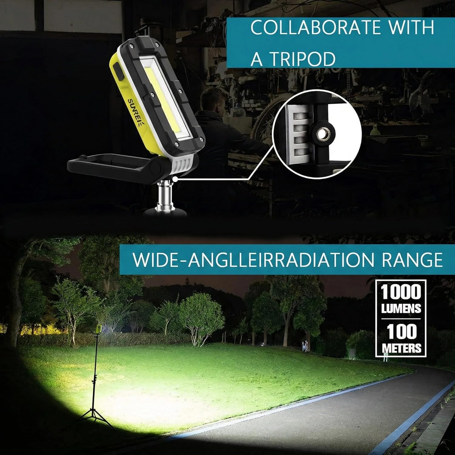 SUNREI LED Rechargeable Magnetic Work Lights COB Mechanic Lights,1200 Lumens, Magnetic Base & Hanging, 7Mode, Magnetic Flashlight Job Site & Security for Car Repair, Emergency, Gift for Men