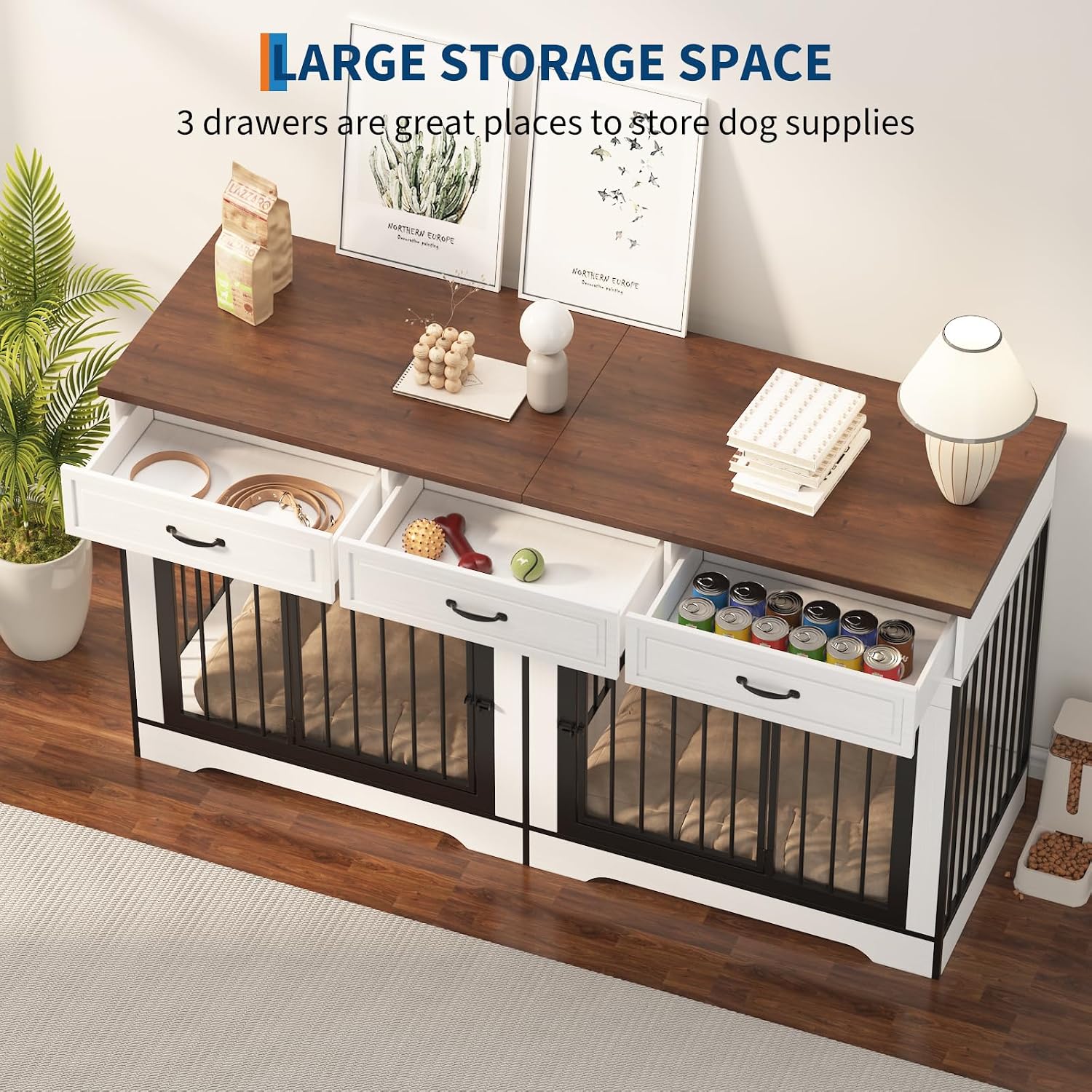 PeakPursuit Spacious Dual Dog Crate Furniture for 2 Medium/Large Dogs – Heavy Duty Wooden Indoor Kennel with 2/3 Drawers – Decorative End Table & TV Stand – 70.9" x 23.6" x 38.58" – White & Walnut