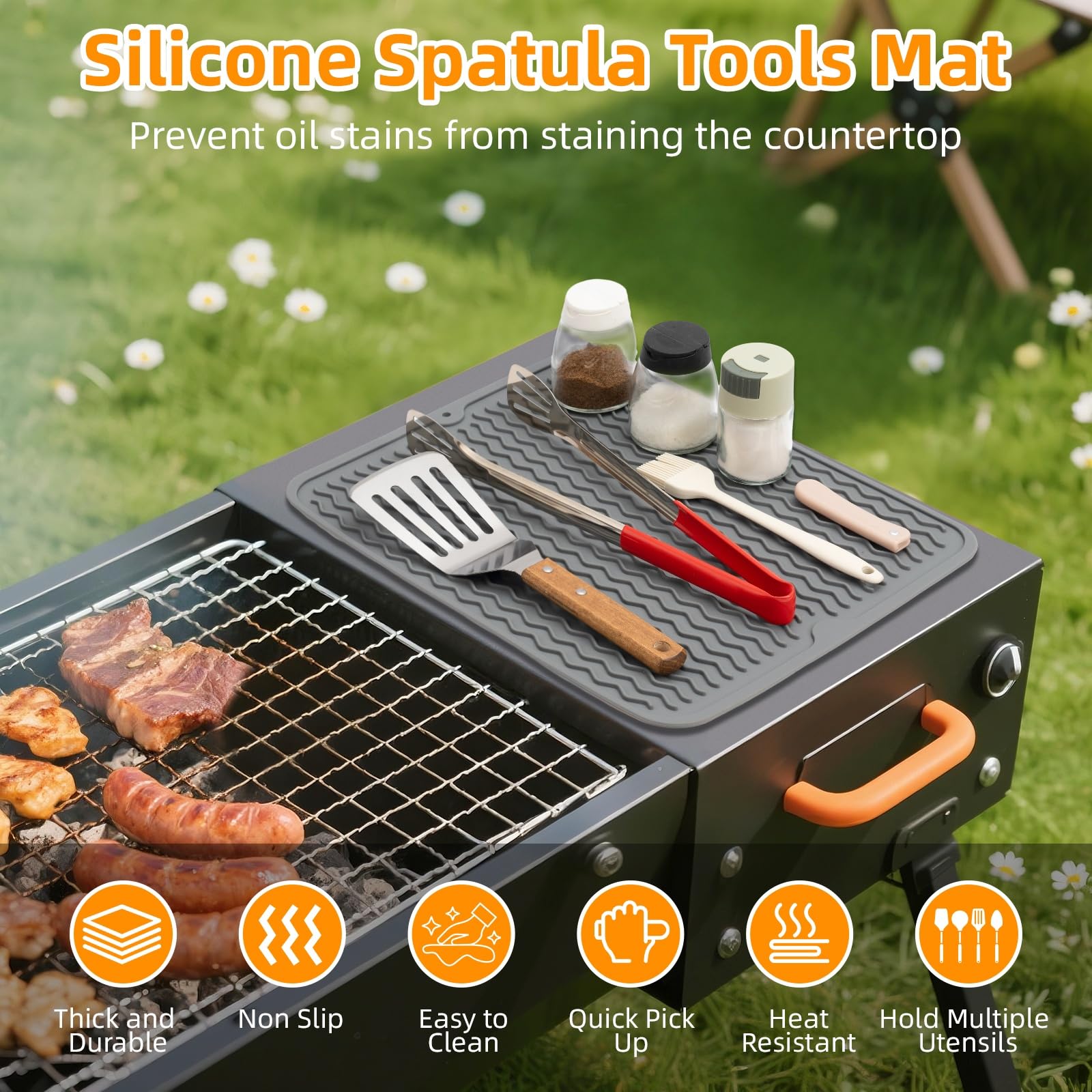 Geban Silicone Grill Mat for Blackstone, Silicone Side Shelf Tool Mat, Outdoor BBQ Spatula Mat with Drip Pad Kitchen Countertop Heat Resistant Mat (Grey)