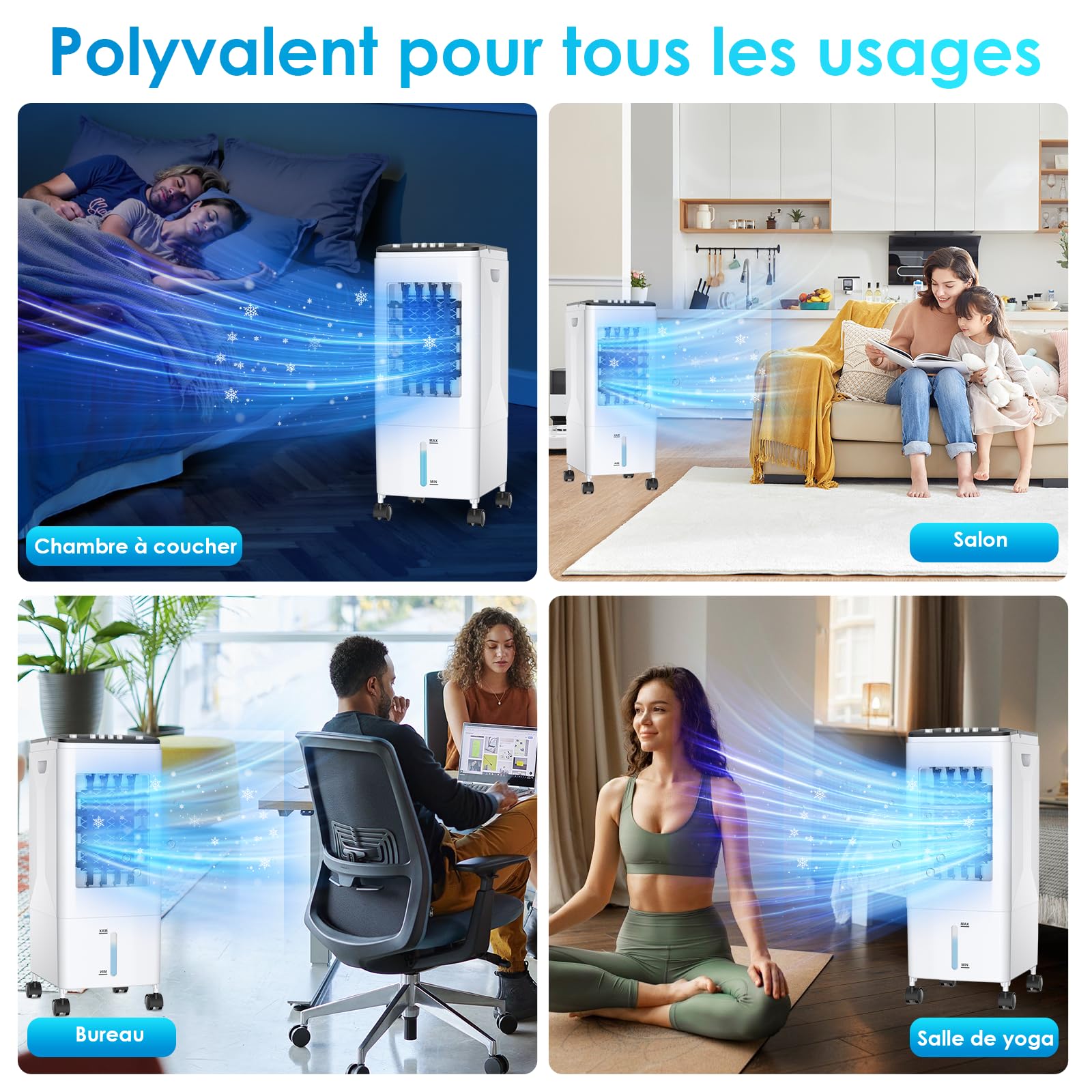 Climatiseur Mobile 3-en-1 Rafraîchisseur d’Air, Réservoir 6L, 3 Blocs Réfrigérants, 60W Économie d’Énergie, 35dB Silencieux, Oscillation 60°, 3 Vitesses, Humidificateur, Ventilateur, Maison, Bureau