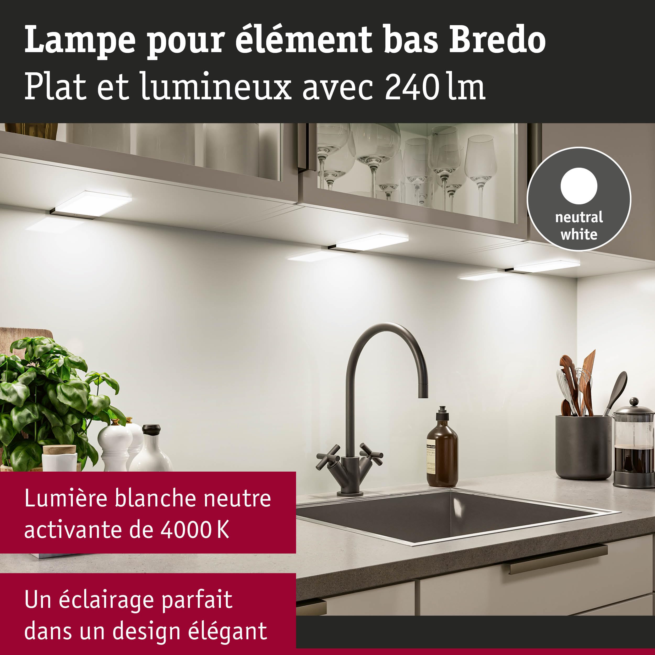 Paulmann 92124 LED sous-meubles Bredo avec capteur de proximité kit de 3 4000 K 2,5W 80x190 mm 180lm Noir luminaire en saillie pour meuble