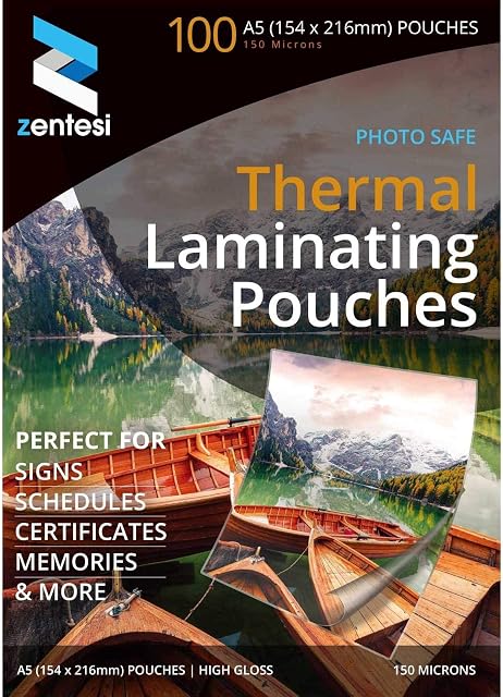 Zentesi A5 Laminating Pouches High Gloss Laminator Sleeves 150 Micron (75 + 75 Microns) Glossy Laminate Pouch Sheets - Pack of 100