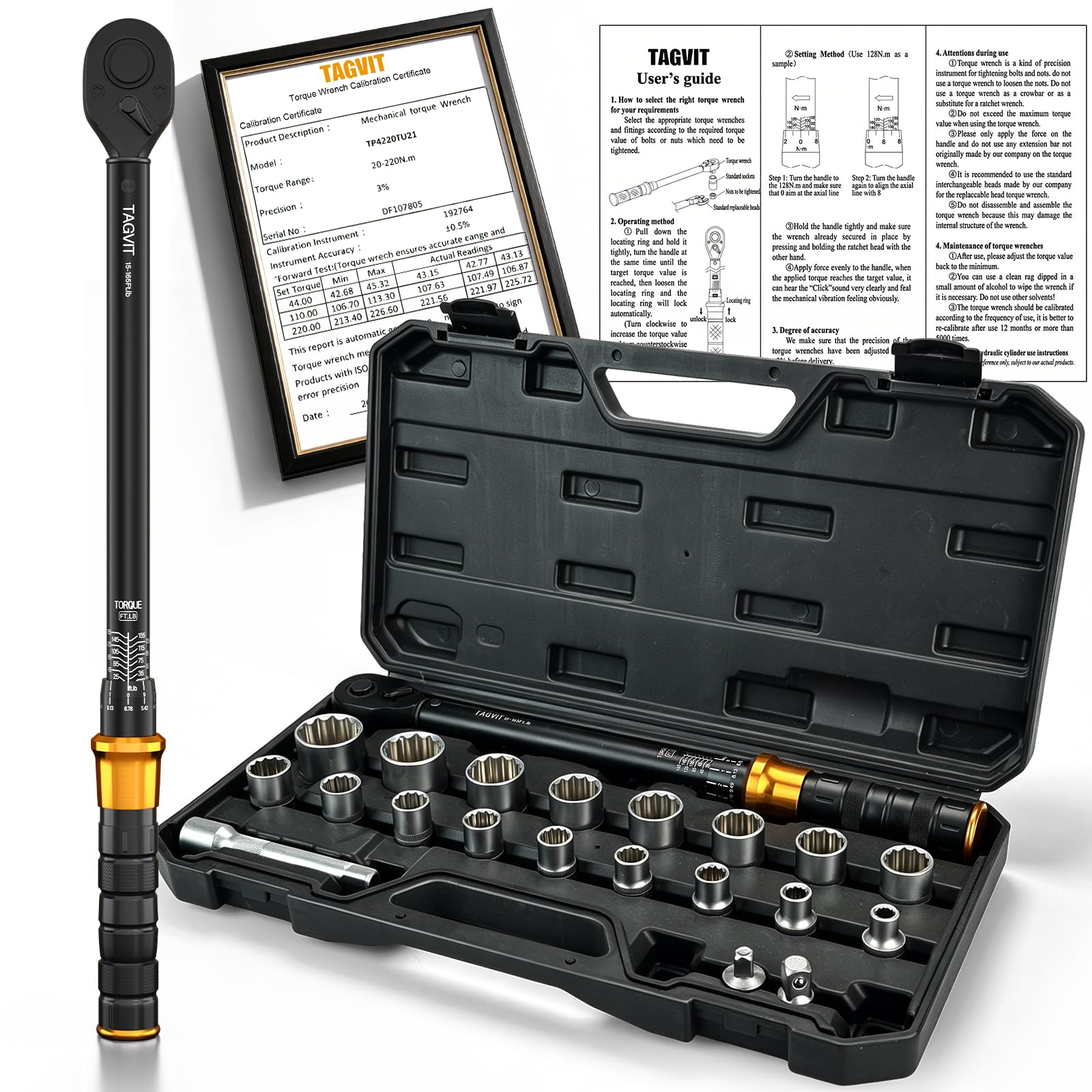 Set di 21 chiavi dinamometriche a scatto da 1/2", 20-220 Nm, precisione ±3%, doppia scala, testa reversibile per auto, pneumatici e moto