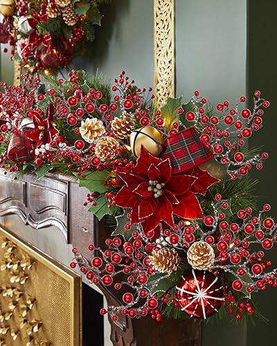 Miniatura 4 de Hollyone Paquete de 4 tallos de bayas artificiales con purpurina de Navidad, 19 pulgadas, púas de bayas de acebo rojas falsas con nieve helada para