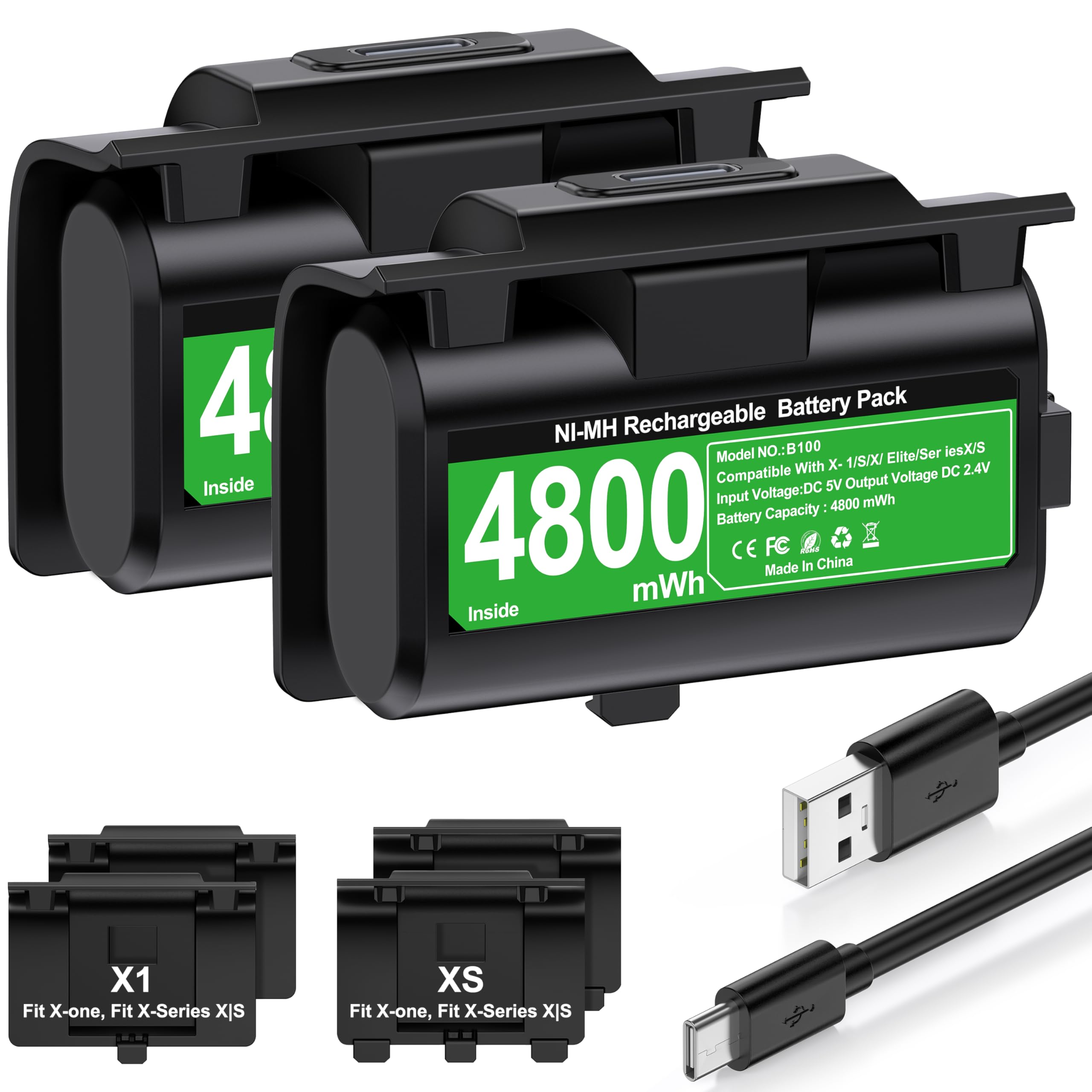 Akku für Xbox Controller, 2 x 4800mWh Wiederaufladbare Akku für Xbox Series X Controller mit 4 Batterie Abdeckung für X-Series X/S/X-One/One S/X/Elite Controller, Play and Charge Kit