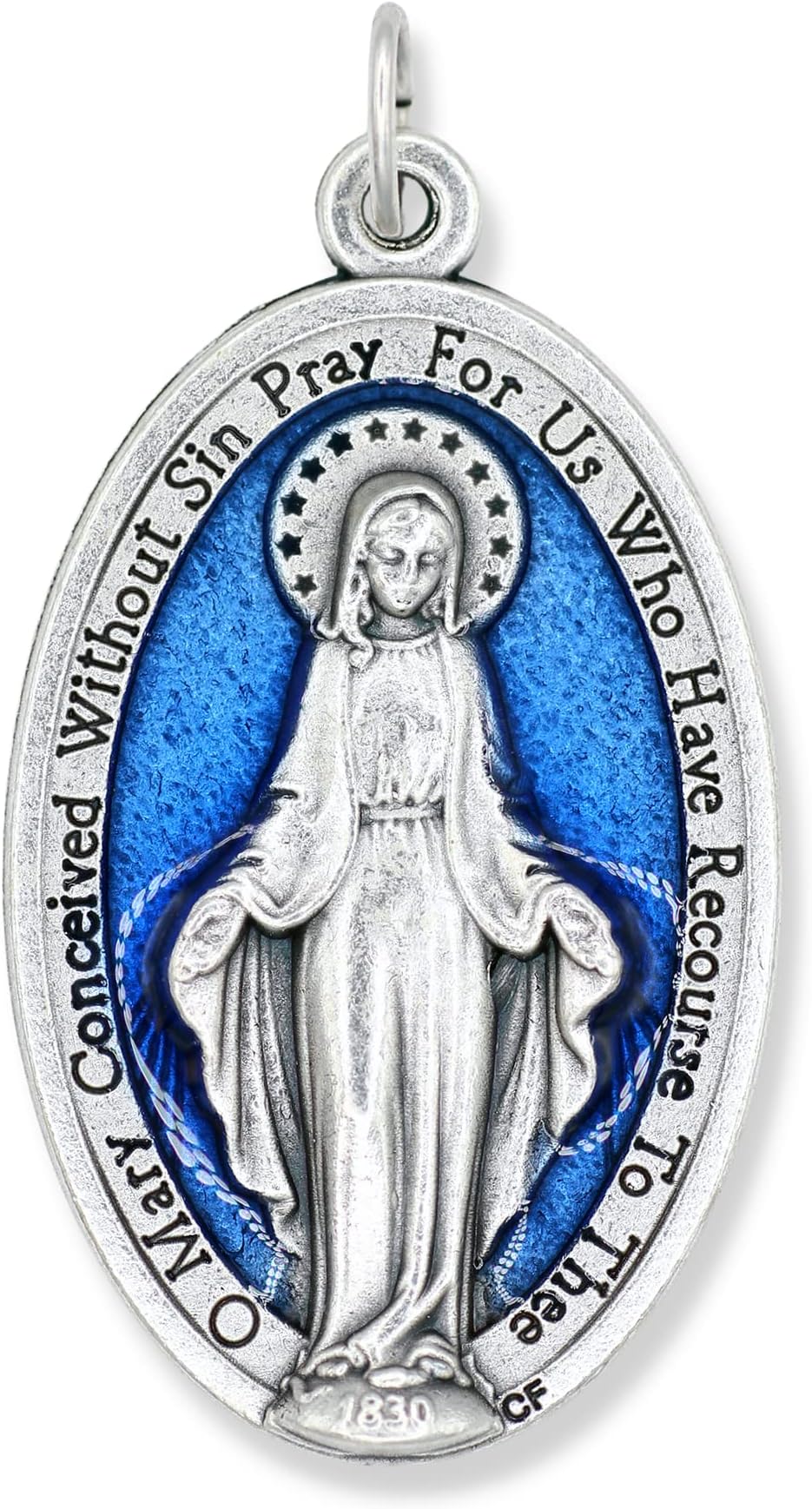 Gifts Catholic, Inc. Mary Miraculous Medal Pendant Charm XL H 1 3/4 W 1 Silver Ox with Blue Enamel Finish Catholic Made in Italy (ME1518)