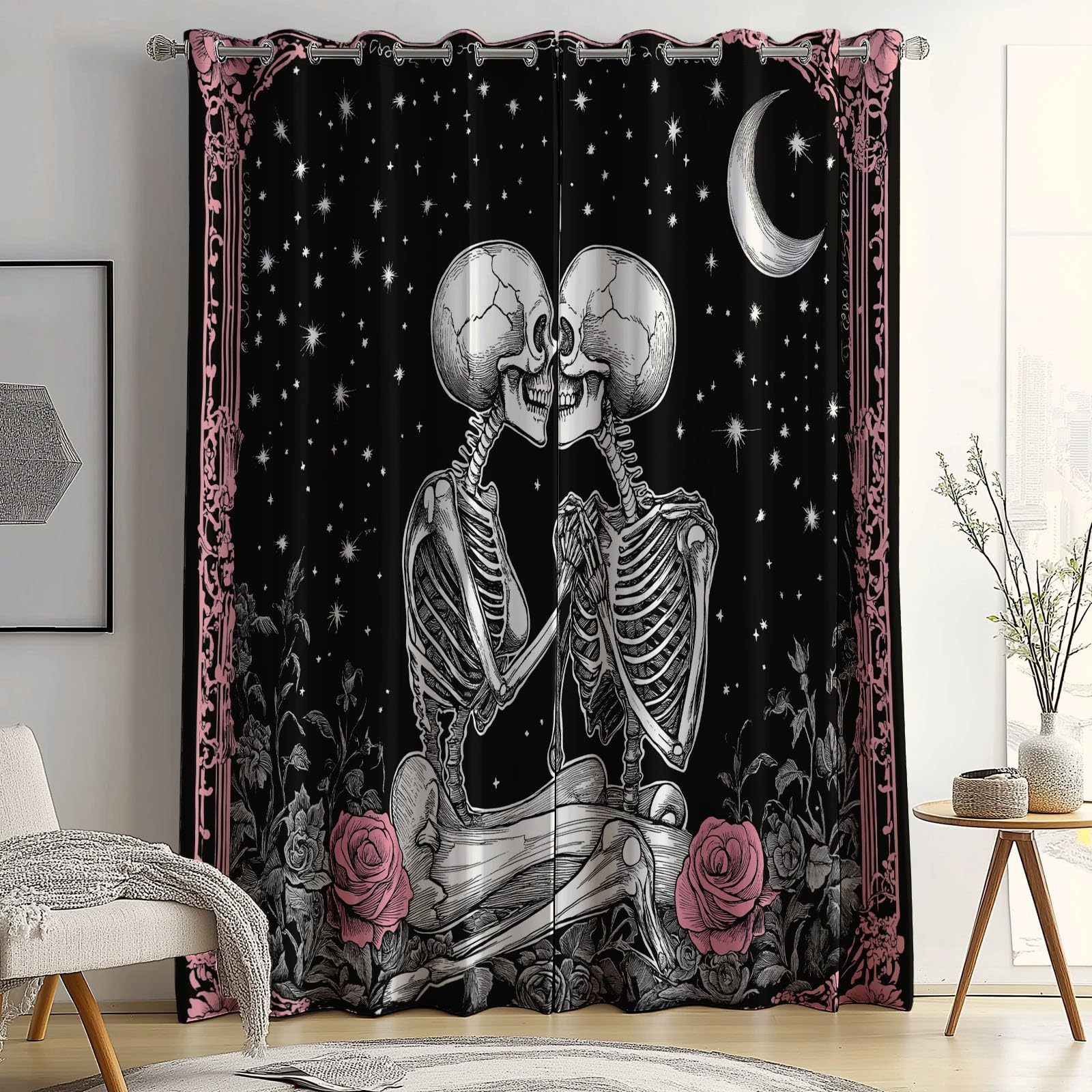 Rideaux Isolants 110L X 215H cm (2 Panneaux), Design Crâne Gothique Rose Tenture Opaque Anti-Chaleur pour Chambre Principale, Noir