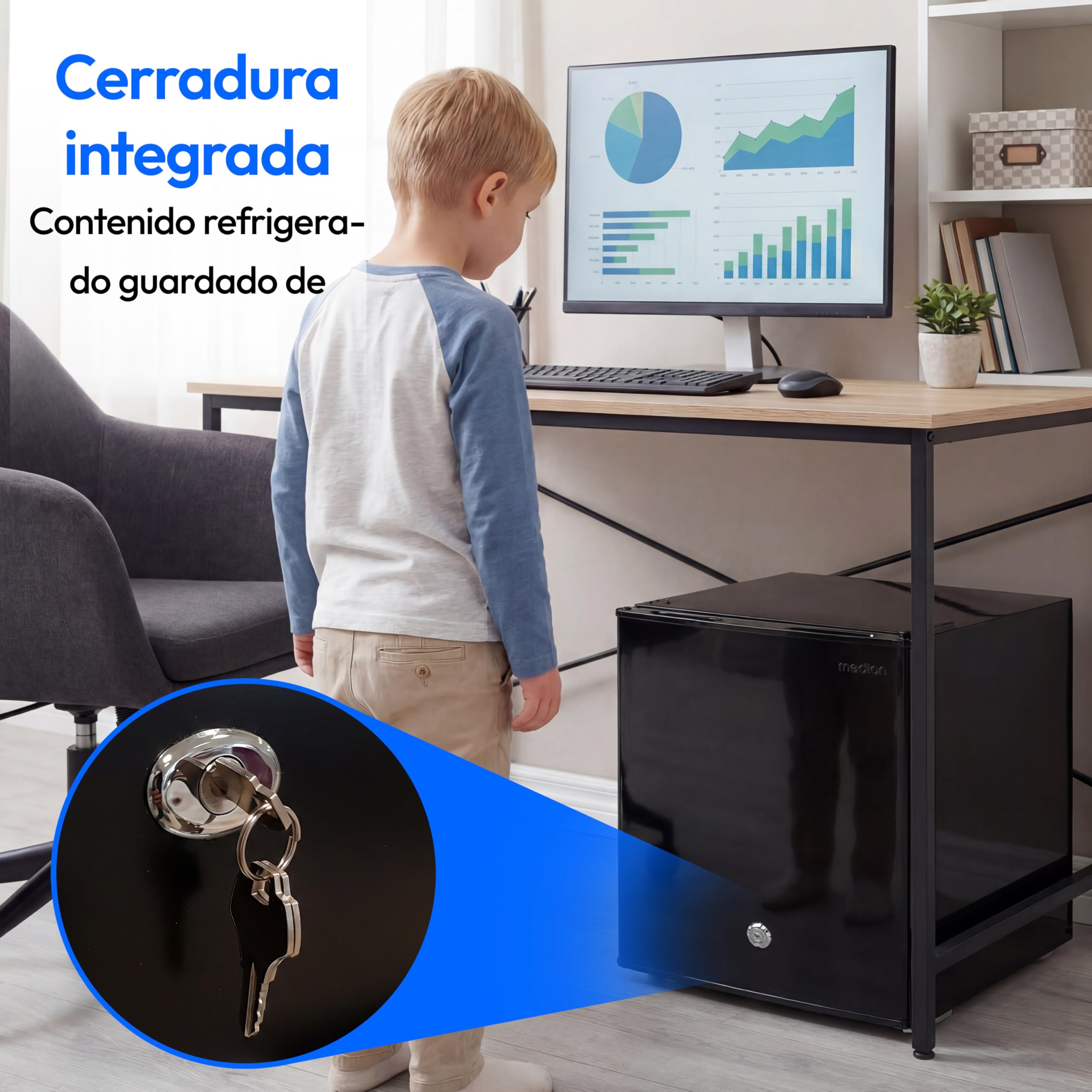 MEDION Mini frigorífico con cerradura y congelador 42 L, silencioso pequeño frigorífico para oficina hotel minibar camping gaming, bebidas alimentos hielo, puerta reversible, MD 370001 negro