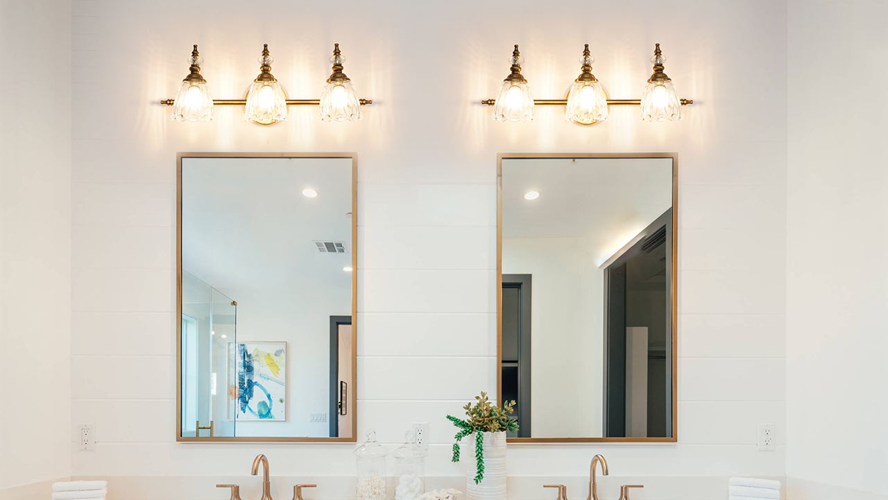 Image of Brushed Gold Bathroom Vanity Light, Farmhouse Brass Bathroom Light Fixtures Over Mirror, 3 Light Vanity Lighting Fixtures, Flower Glass Shade Wall Sconce Lighting